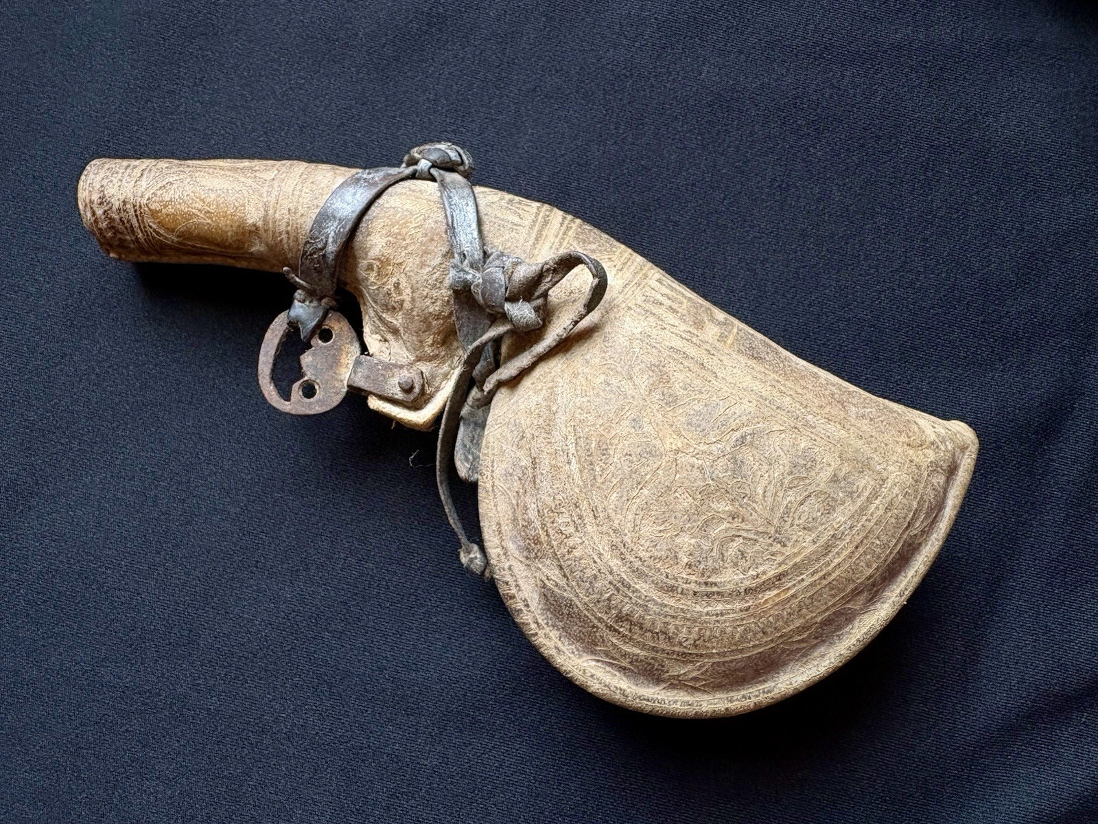 Antique Middle Eastern Molded Hide Powder Flask Barutdan 19th C Qajar Antique Middle Eastern Molded Hide Powder Flask Barutdan 19th C Qajar
