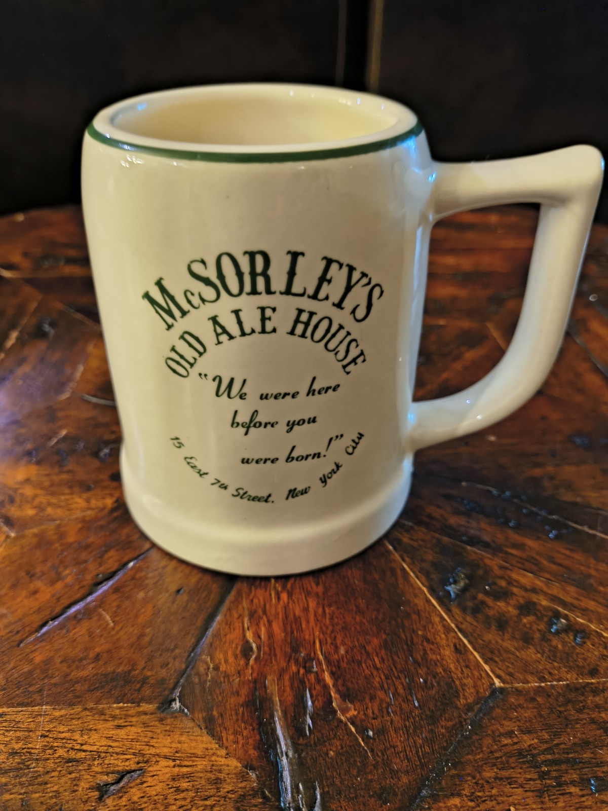 Vintage McSorley’s Old Ale House NYC Beer Mug Stein Gold Trim Souvenir Irish Pub