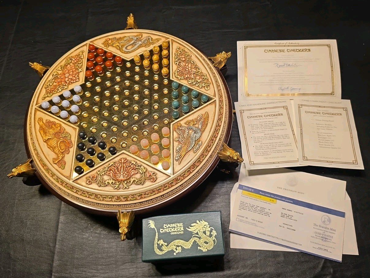 Franklin Mint Chinese Checkers Set w/ 24kt Gold Accents & Gemstone Marbles