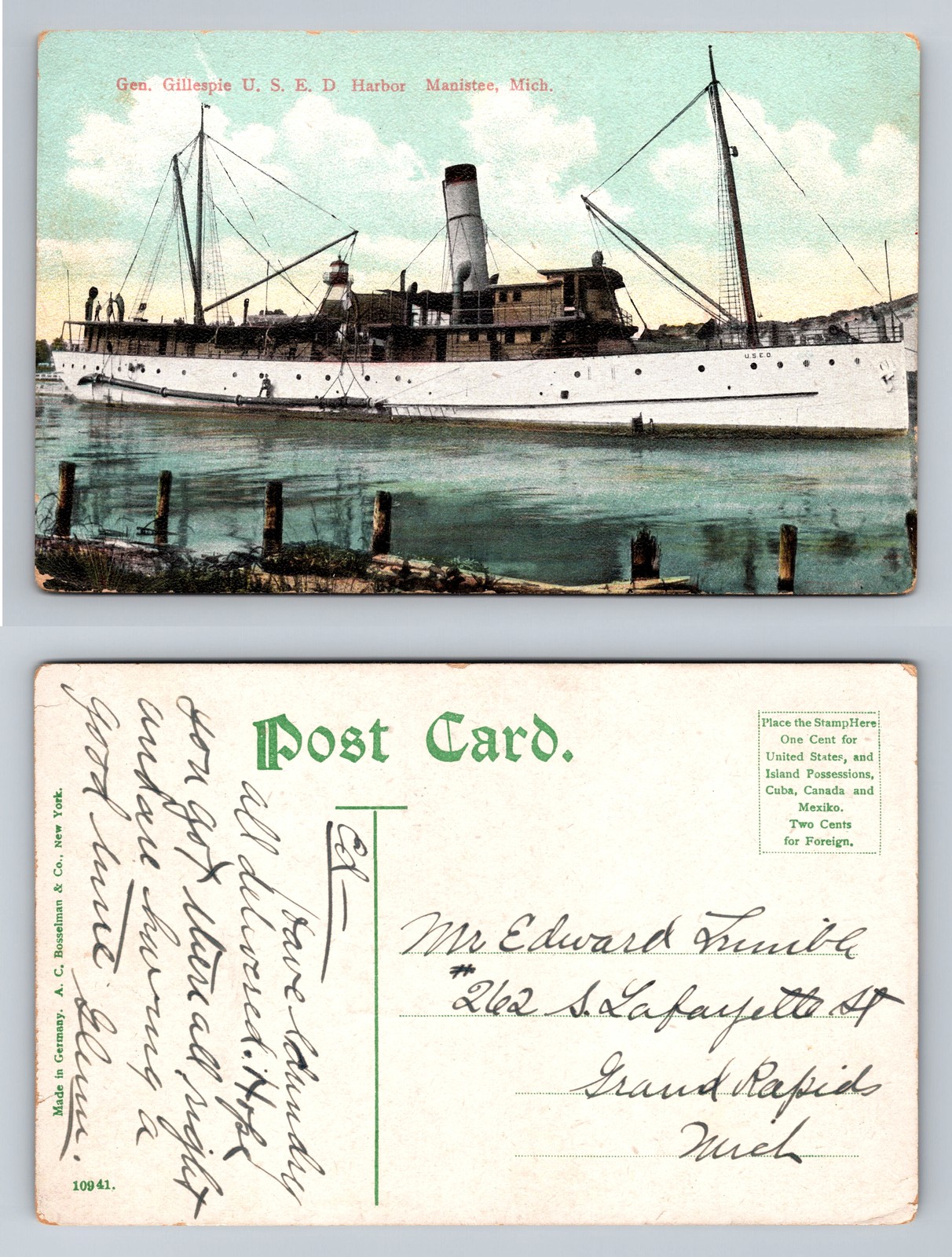 Manistee, MI-Michigan, Gen. Gillespie U.S.E.D. Harbor, Vintage Postcard Manistee, MI-Michigan, Gen. Gillespie U.S.E.D. Harbor, Vintage Postcard