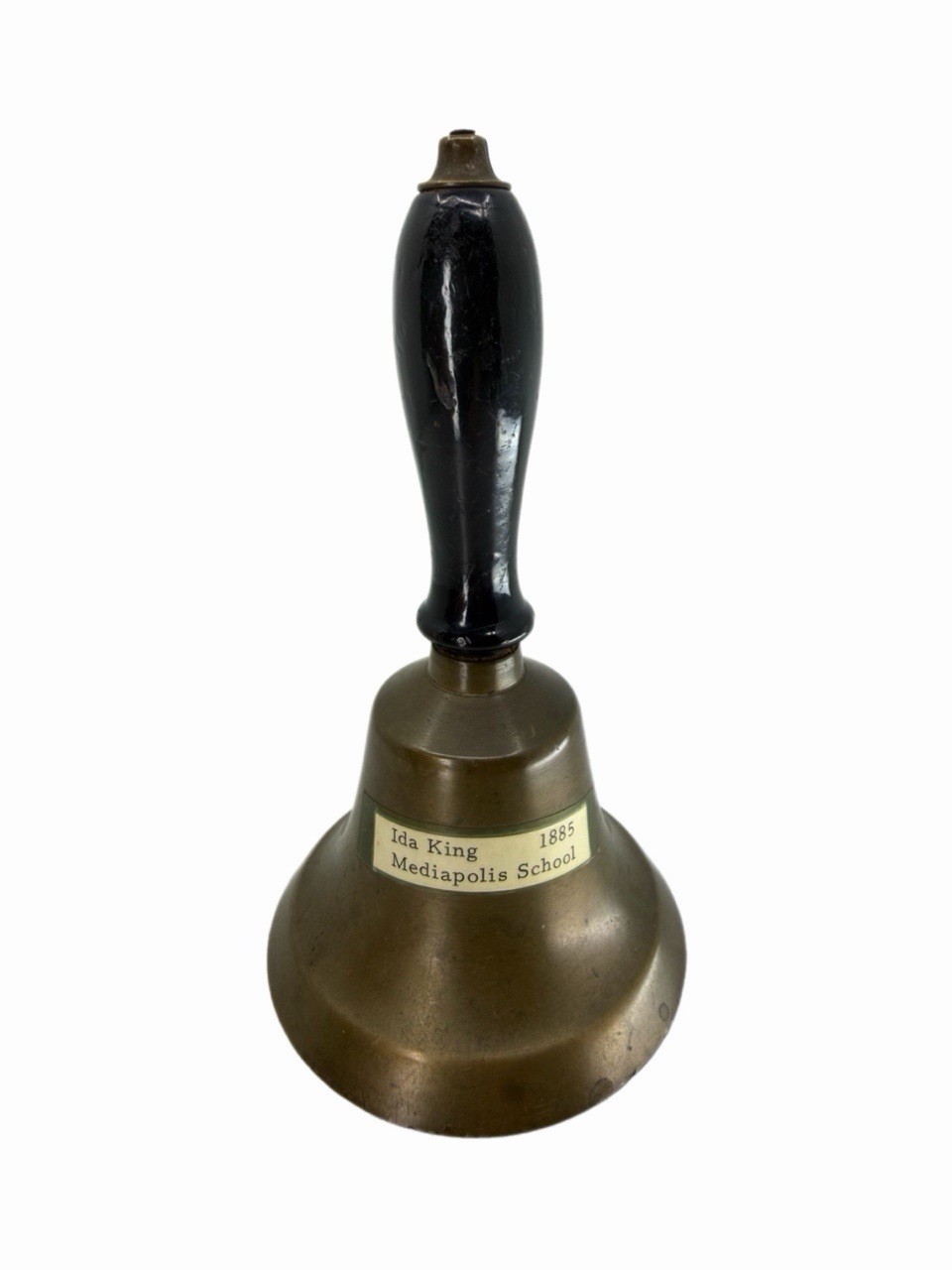 Antique Brass School Bell Ida King 1885 Mediapolis Iowa Wooden Handle Teacher