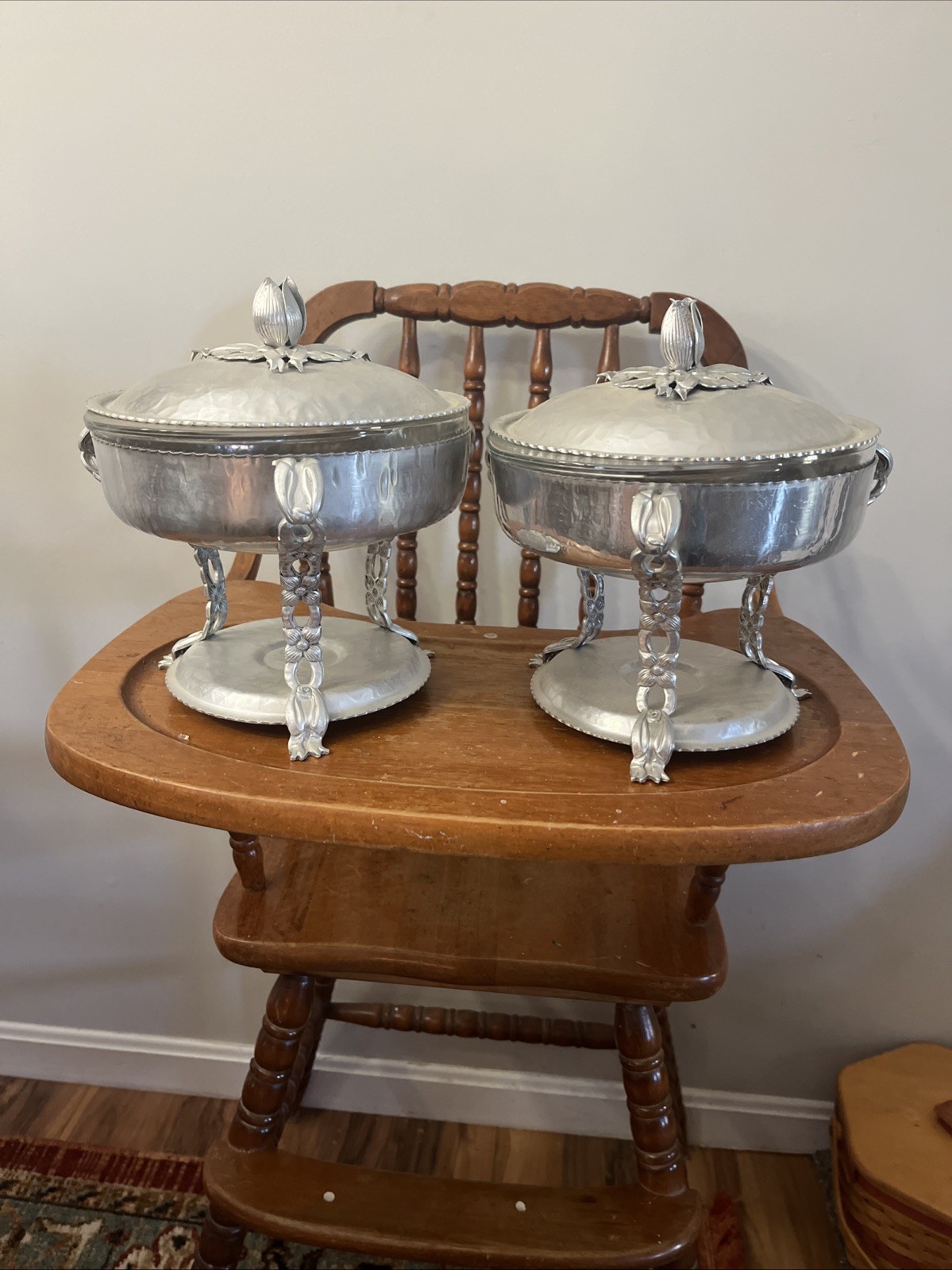 2 Vintage Hand Wrought Aluminum Rodney Kent Pattern Chafing Dish Tulip Design
