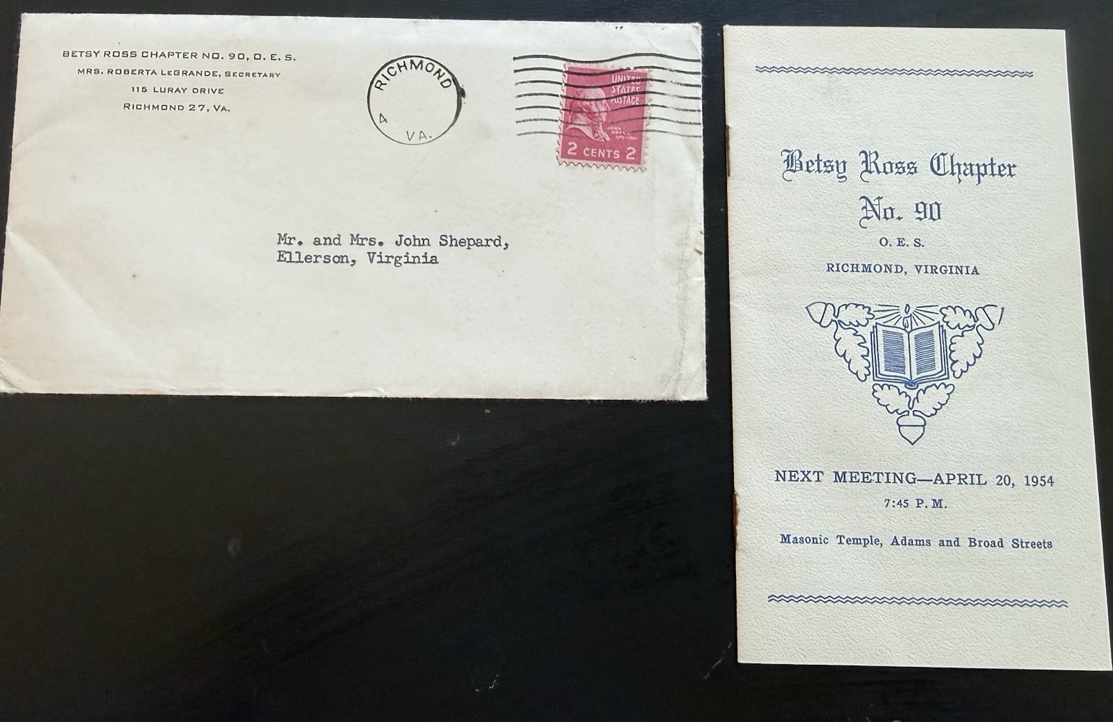 1954 BETSY ROSS CHAPTER 90 EASTERN STAR BOOKLET MEMBER BOOKLET RICHMOND VA G