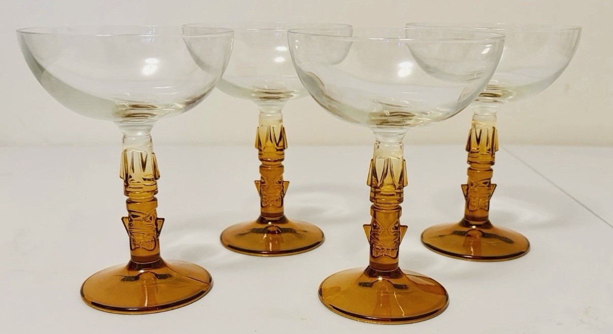 Set Of 4 Amber Glass Tiki Stem Mai Tai Glasses Retro Barware Home Tiki Bar