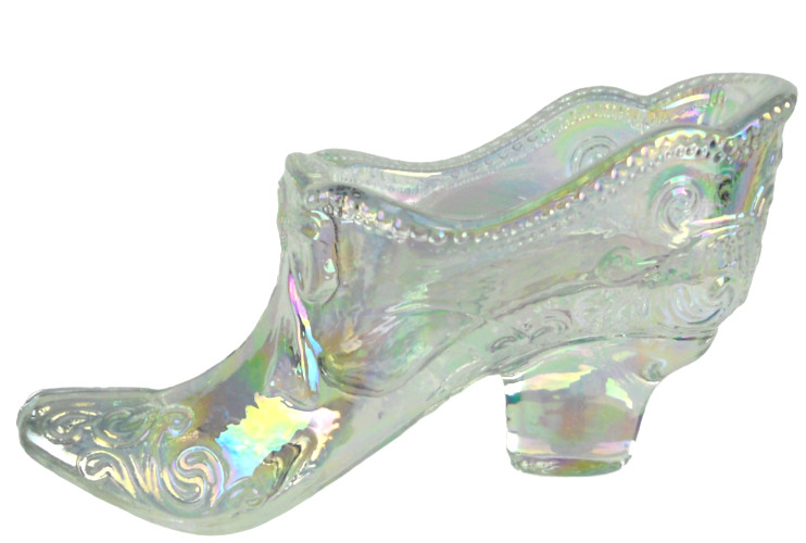 Mosser Opalescent Victorian Art Glass Slipper Crystal Clear Bow & Scroll Pattern