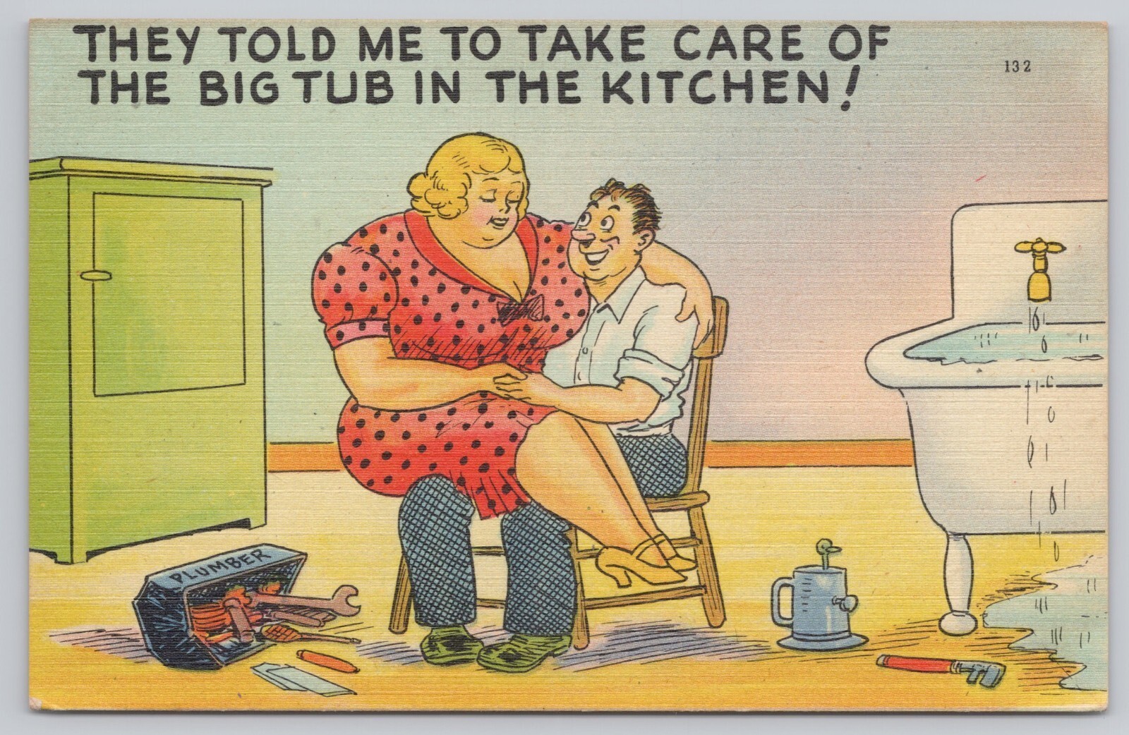 Plumber Taking Care of Large Housewife, Risque Comic Humor, Vintage Postcard