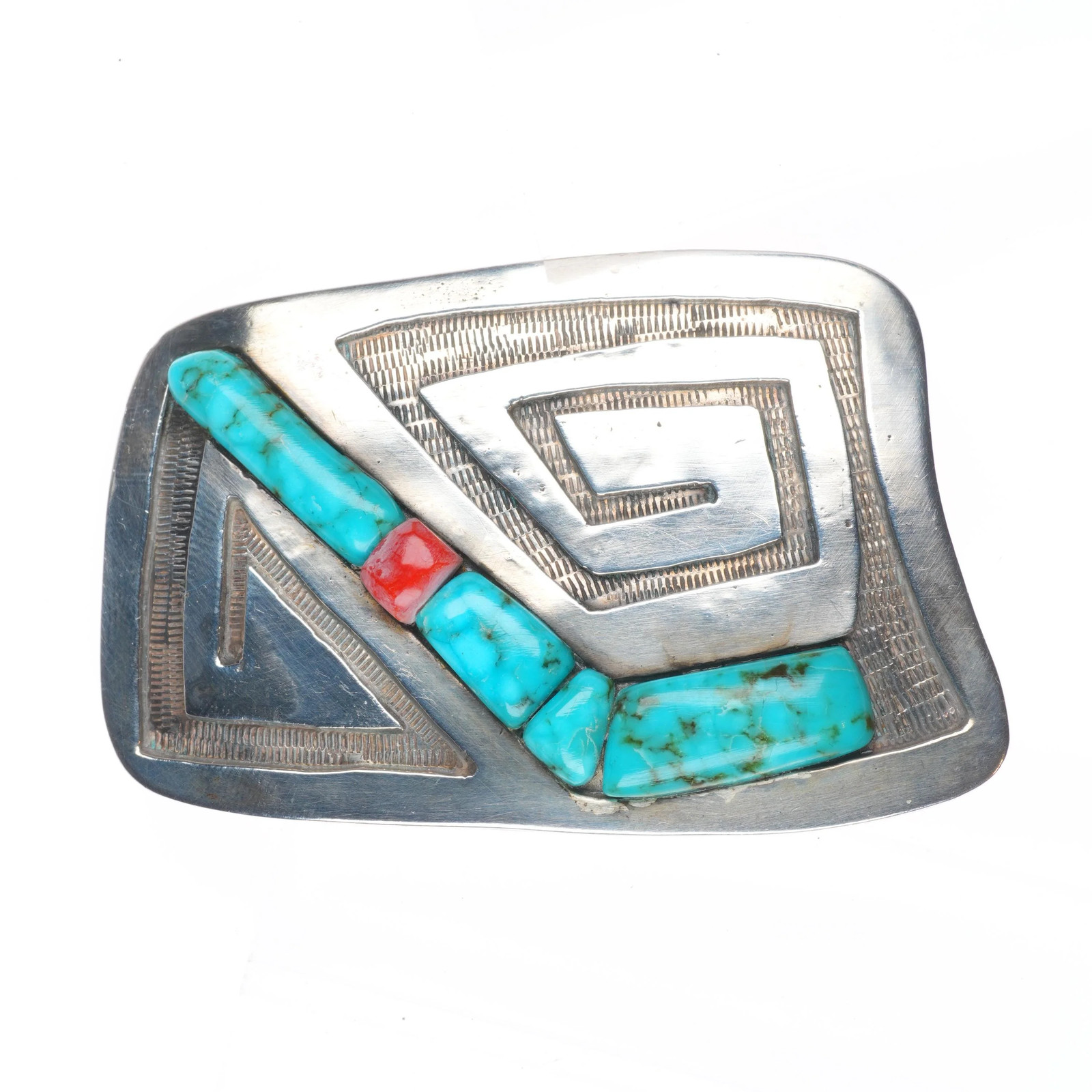 Vintage BA Southwestern sterling silver-turquoise, coral cobblestone belt buckle Vintage BA Southwestern sterling silver-turquoise, coral cobblestone belt buckle