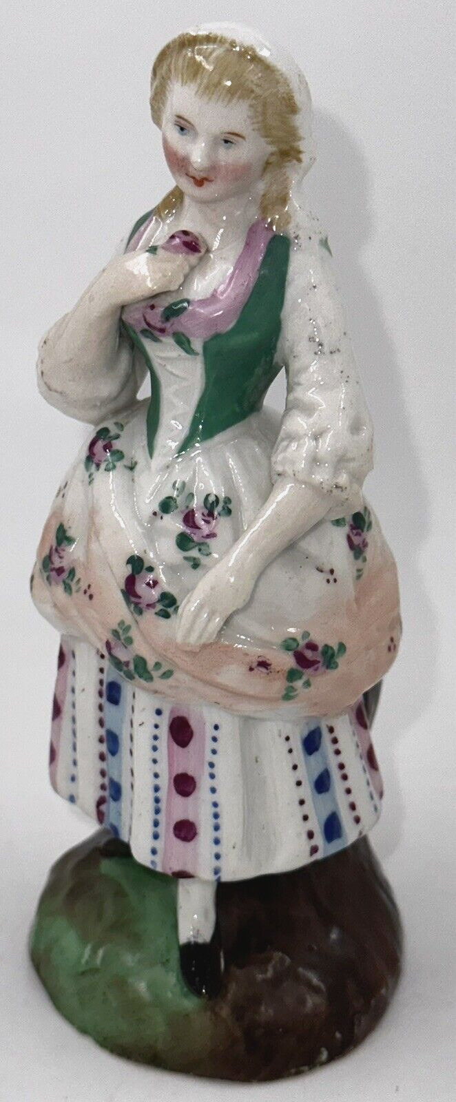 Antique Continental Porcelain Fairing Hand Painted Blond Woman with Rose in Hand