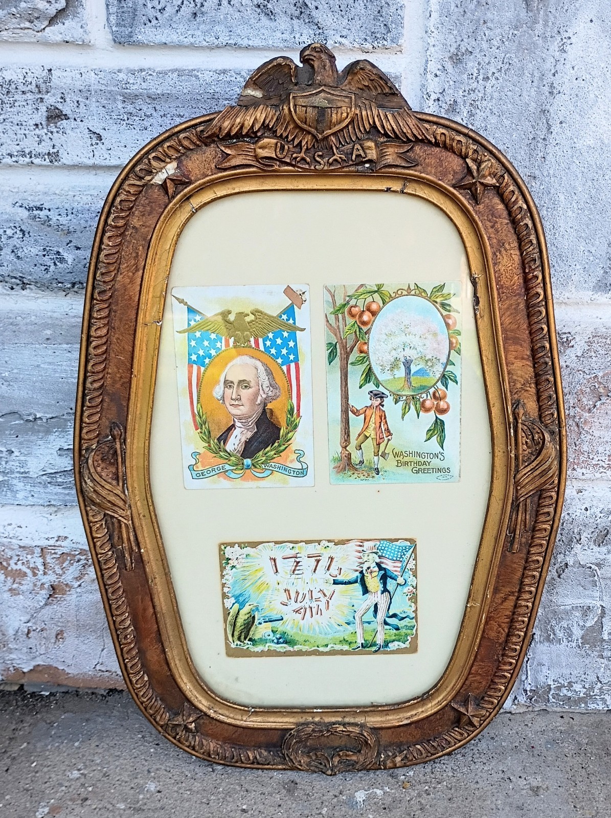 Antique Wood Hexagon Gesso Polychrome USA Eagle Framed Washington Post Cards