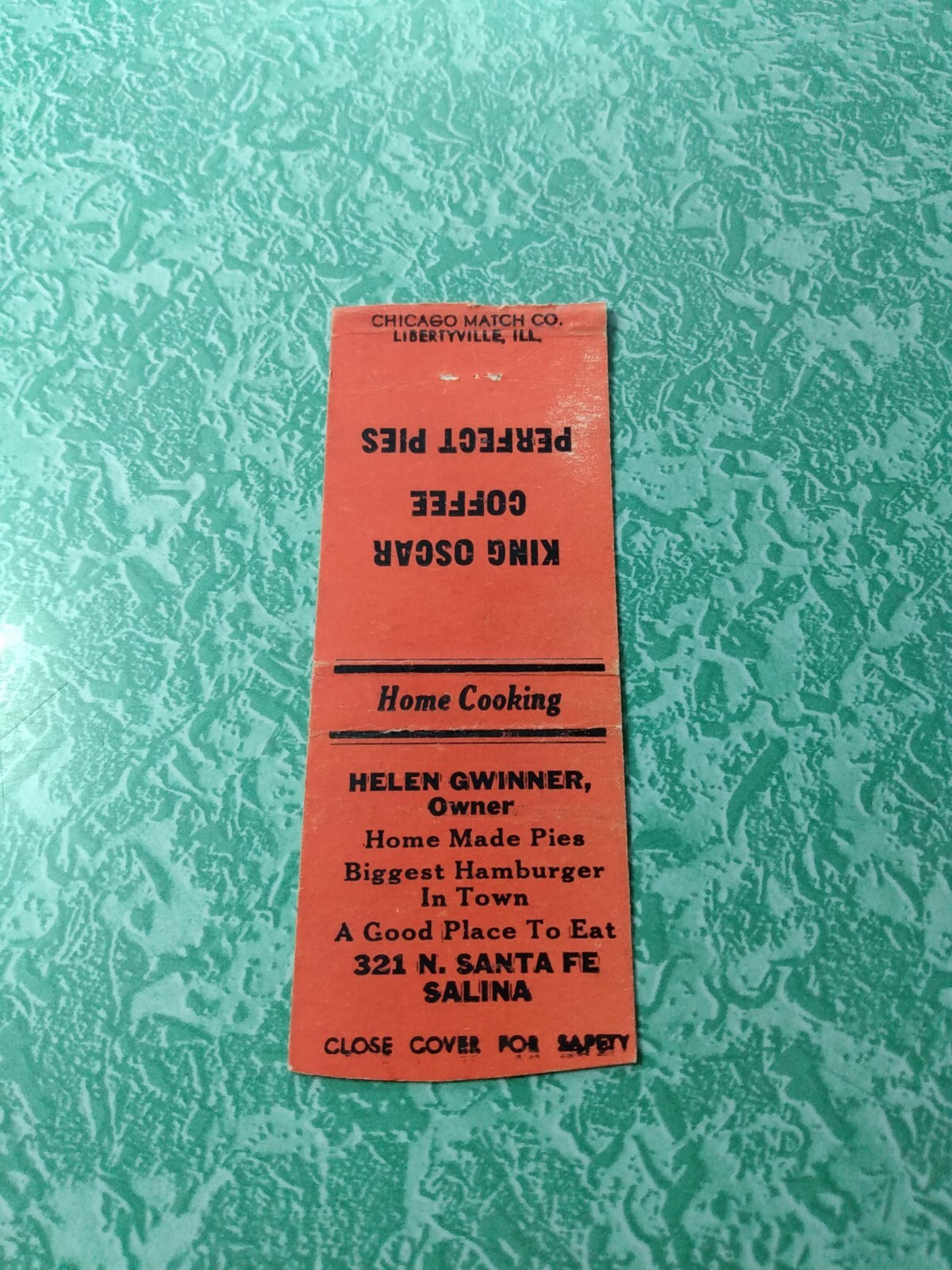 Vintage Matchbook Collectible Ephemera B23 Salina Kansas Helen Gwinner pies