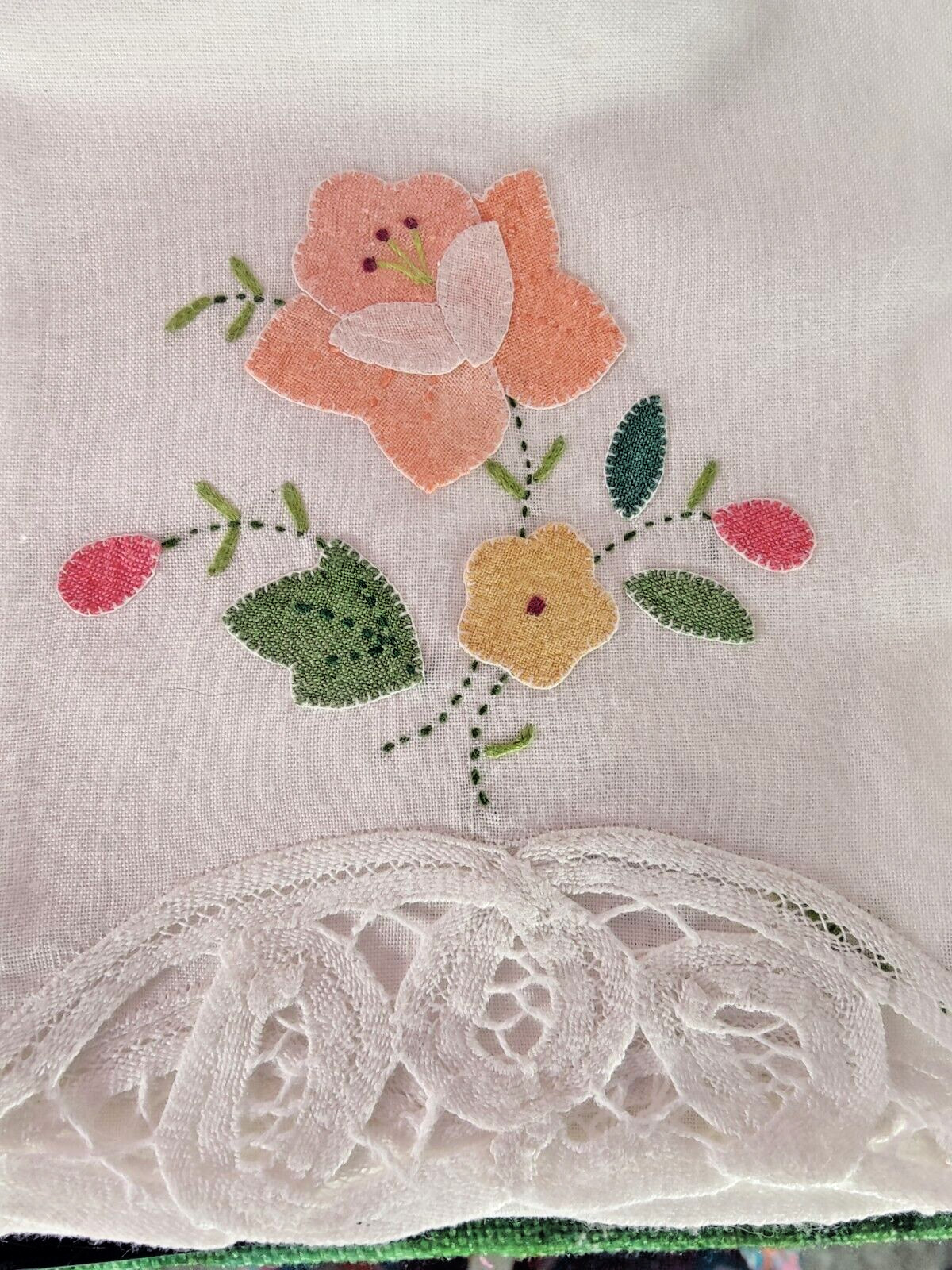 Vintage Hand Stitched Embroidered Pink and Yellow Floral Cotton Dinner Napkins