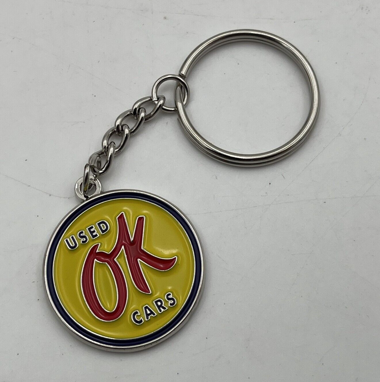 Ok Used Cars CHEVROLET VTG Style ADVERTISING Sign METAL Enamel KEYCHAIN Fob