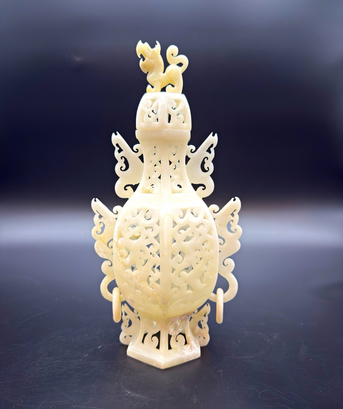 Elegant Openwork Carved White Jade Lidded Vase/Jar w/ Rings & Foo Dog Elegant Openwork Carved White Jade Lidded Vase/Jar w/ Rings & Foo Dog