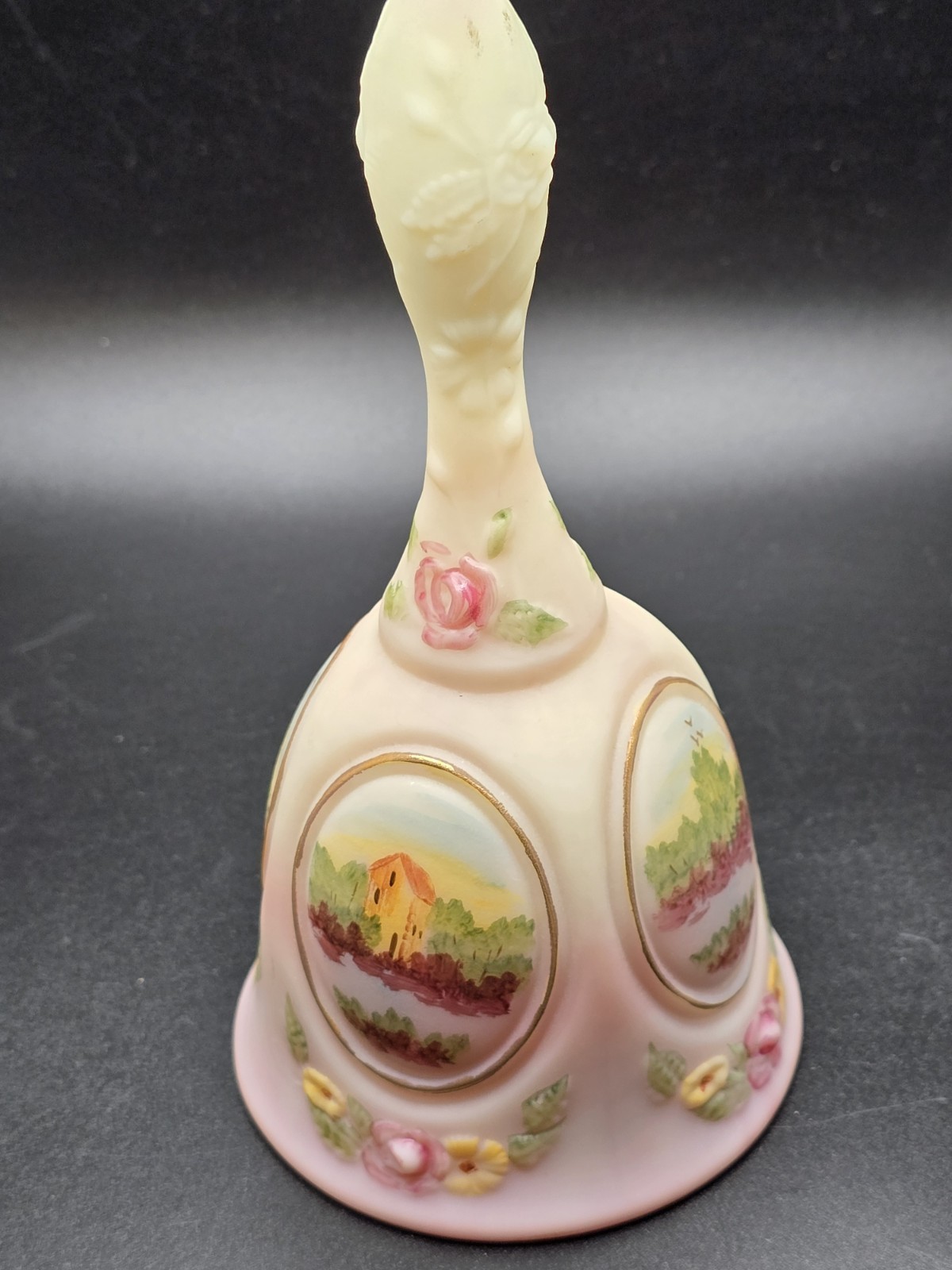 Vintage Fenton Burmese Medallion Limited Edition Bell 840/2500 Glows HP & Signed