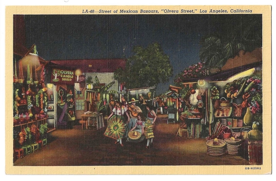 Olvera Street, Los Angeles California c1940's women, tourist Market at night