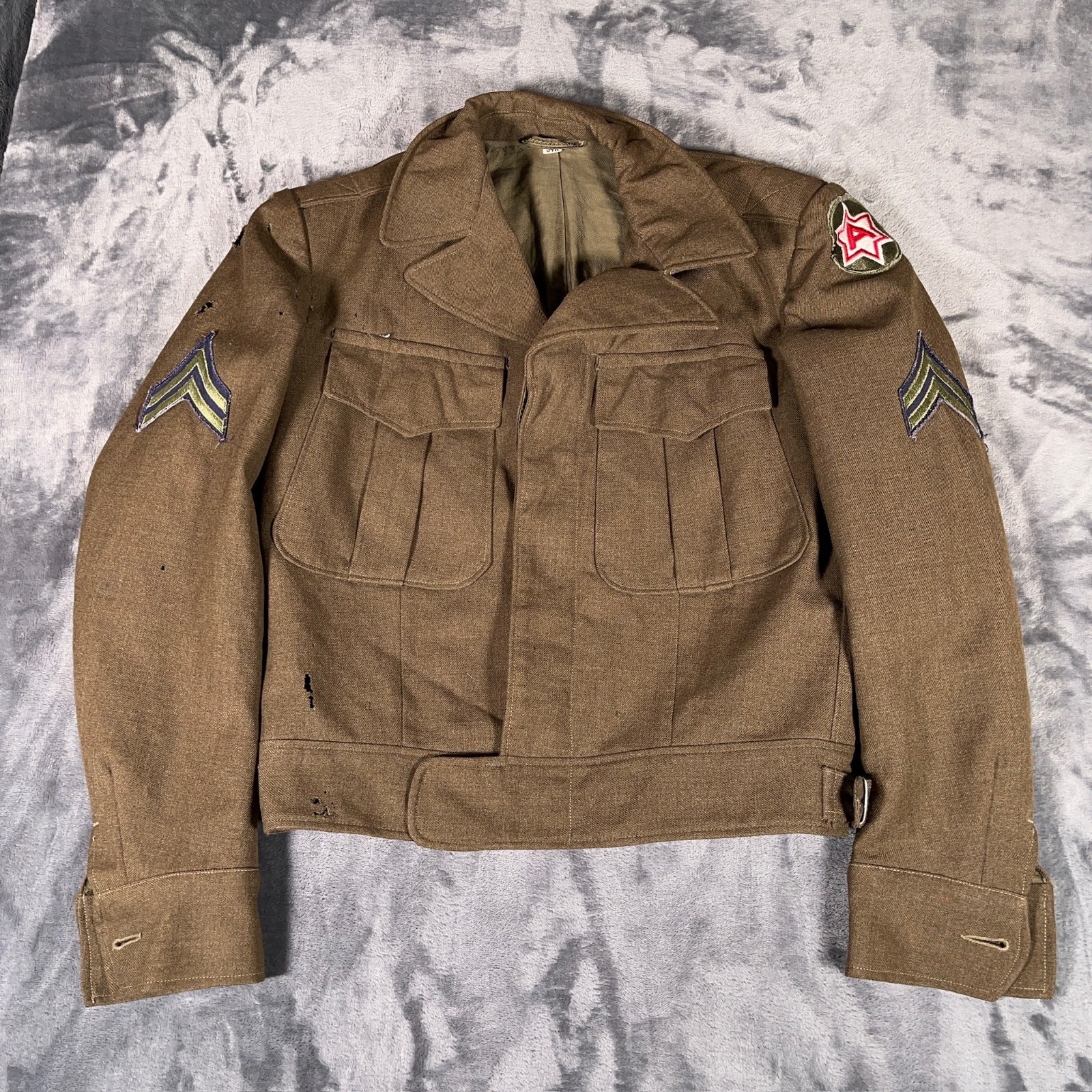 Vintage 1949 US Army Wool Field Jacket 34R Patched WWII Era Post War