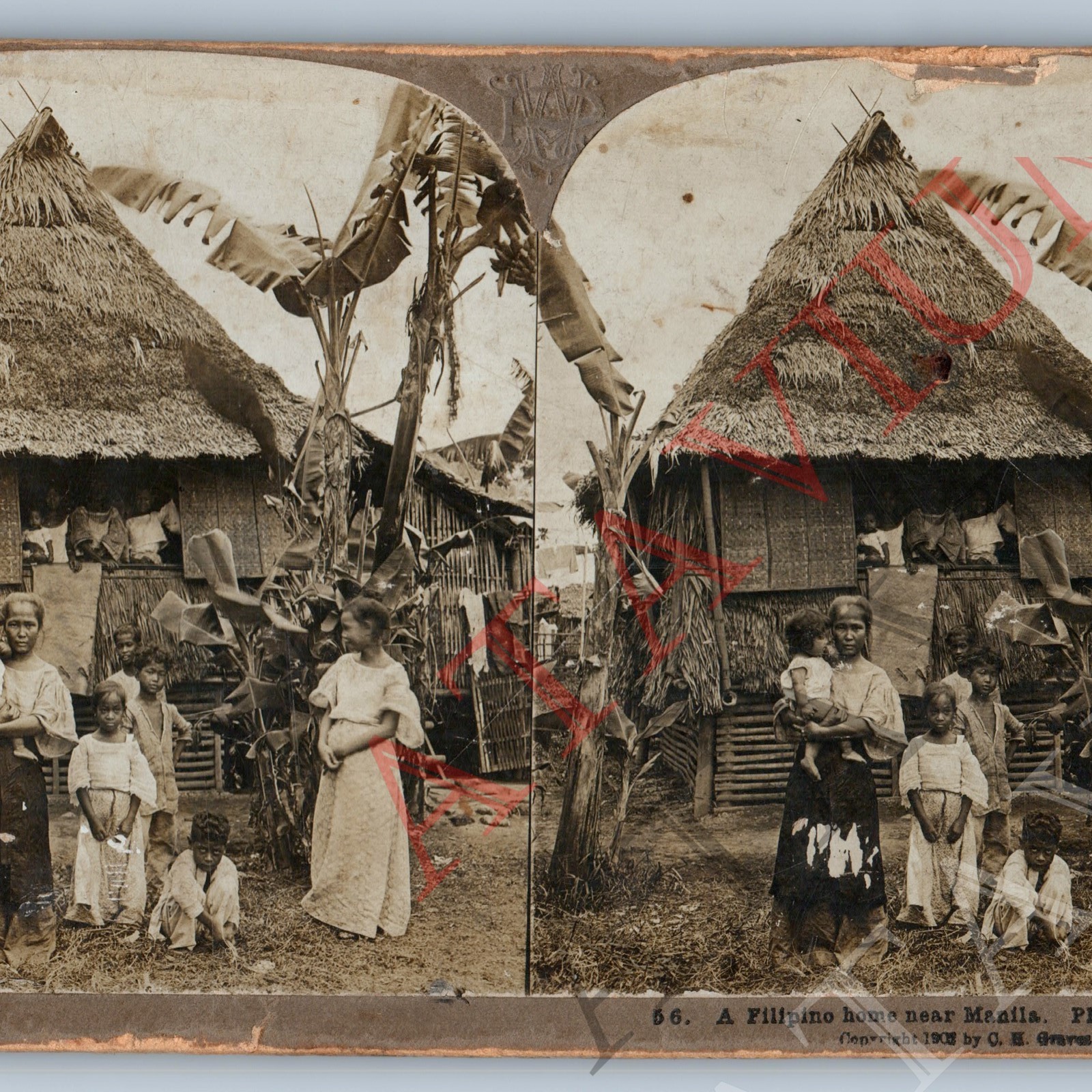 1903 Manila, Philippines Stereoview C.H. Graves Filipino Home Thatched Hut Vtg 1903 Manila, Philippines Stereoview C.H. Graves Filipino Home Thatched Hut Vtg