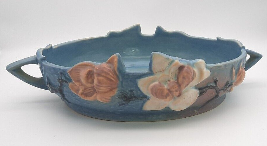 Vintage Art Deco Roseville Blue Magnolia Console Centerpiece Bowl Handles 450-10
