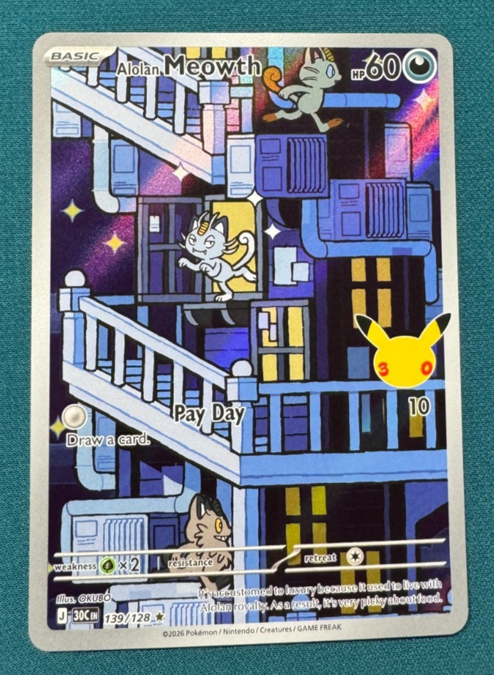 Alolan Meowth 139/128 30th Celebration 2026 Illustration Rare NM Alolan Meowth 139/128 30th Celebration 2026 Illustration Rare NM