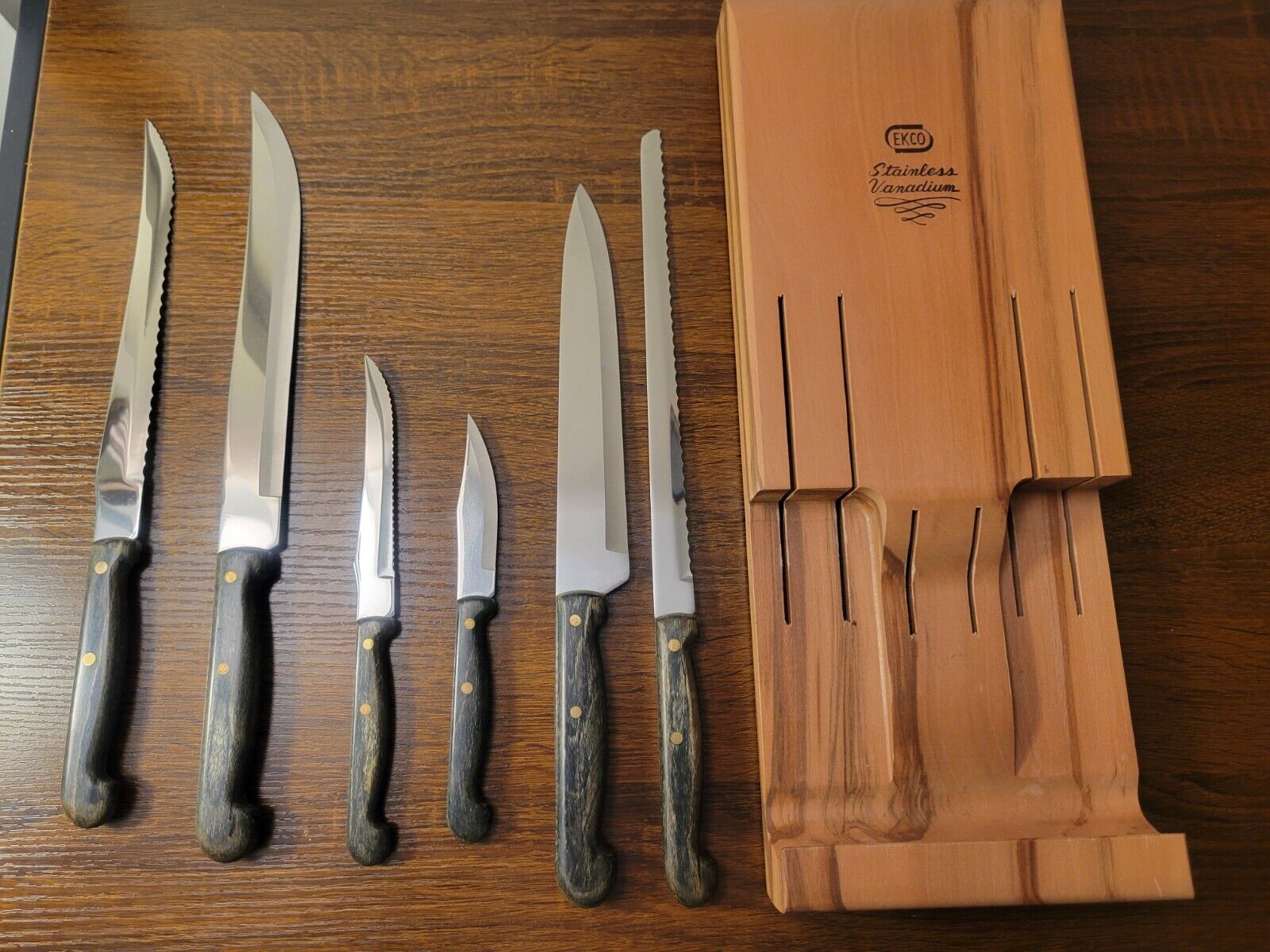 Set of 6 Vintage Knives Mid-Century EKCO Stainless Vanadium Cutlery with Holder