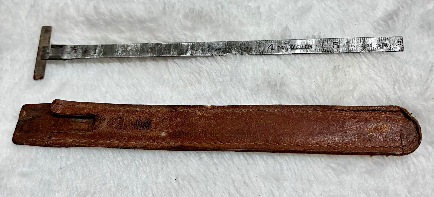 Vintage General T-Handle Depth Gauge Metal Rule 6” w/Leather Sleeve, Made in USA
