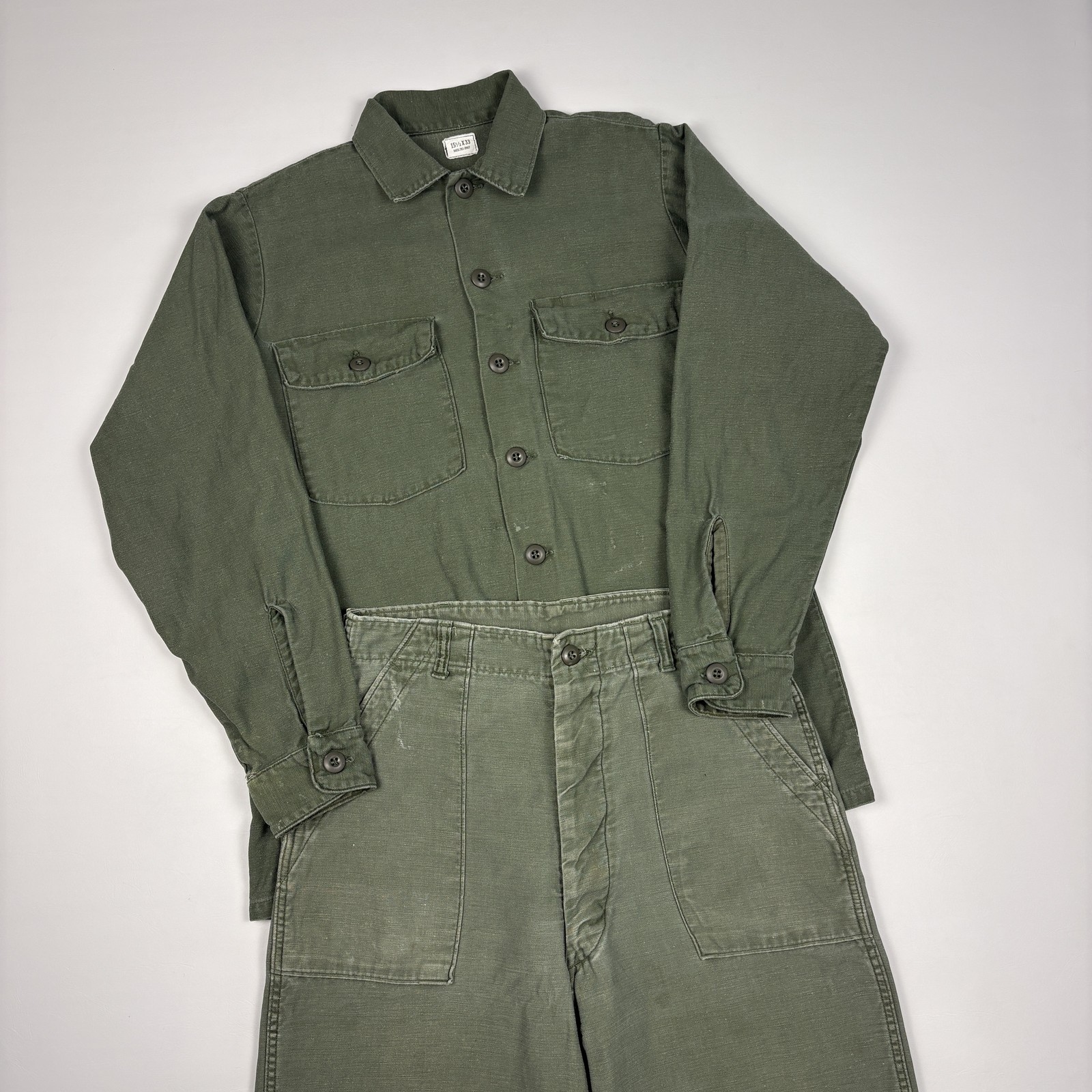 Vintage US Army OG 107 Sateen Fatigue Uniform Set Shirt 15.5x33 Trousers 32x33