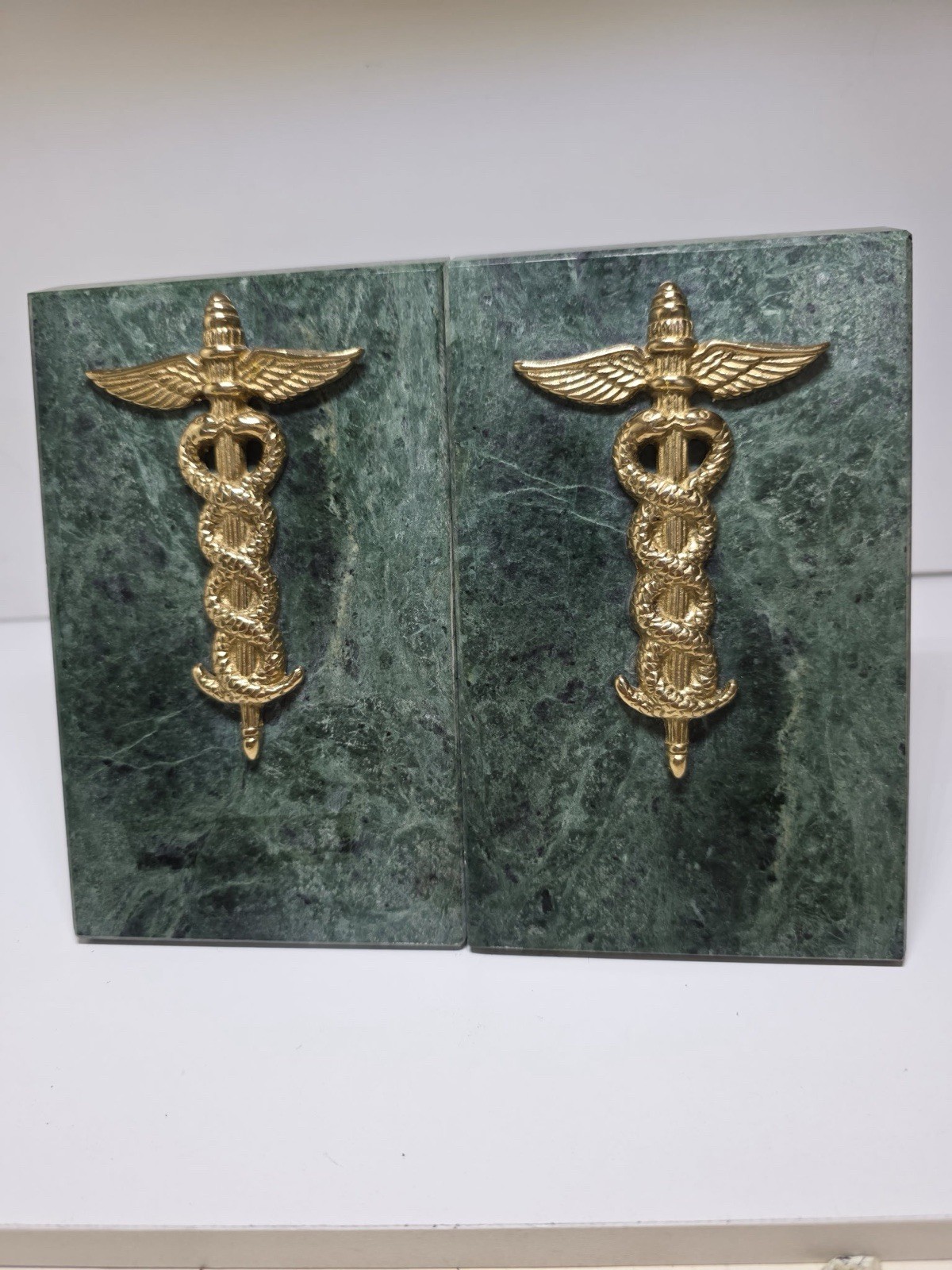 Vintage Gatco Green Serpentine Marble & Solid Brass Caduceus Bookends.