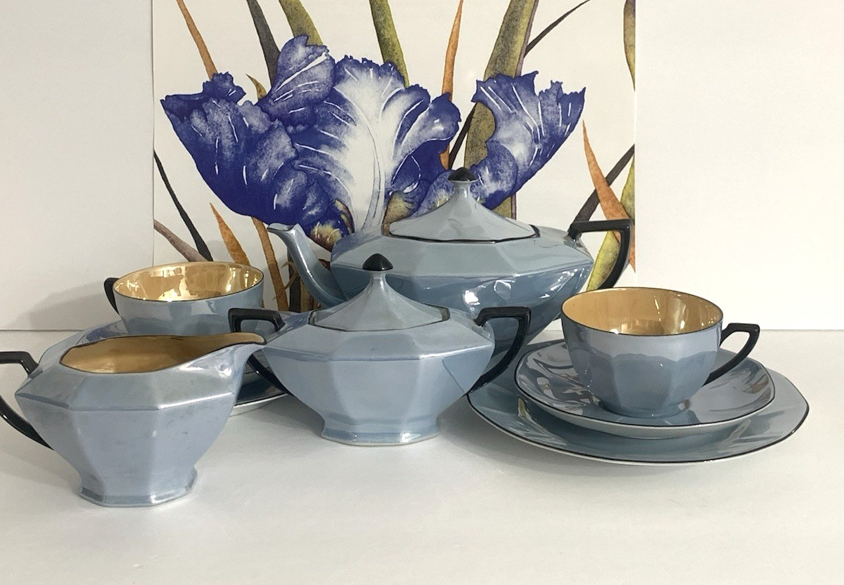 Victoria Czechoslovakia Art Deco Style Sky Blue Lusterware Tea Set of 9 pieces