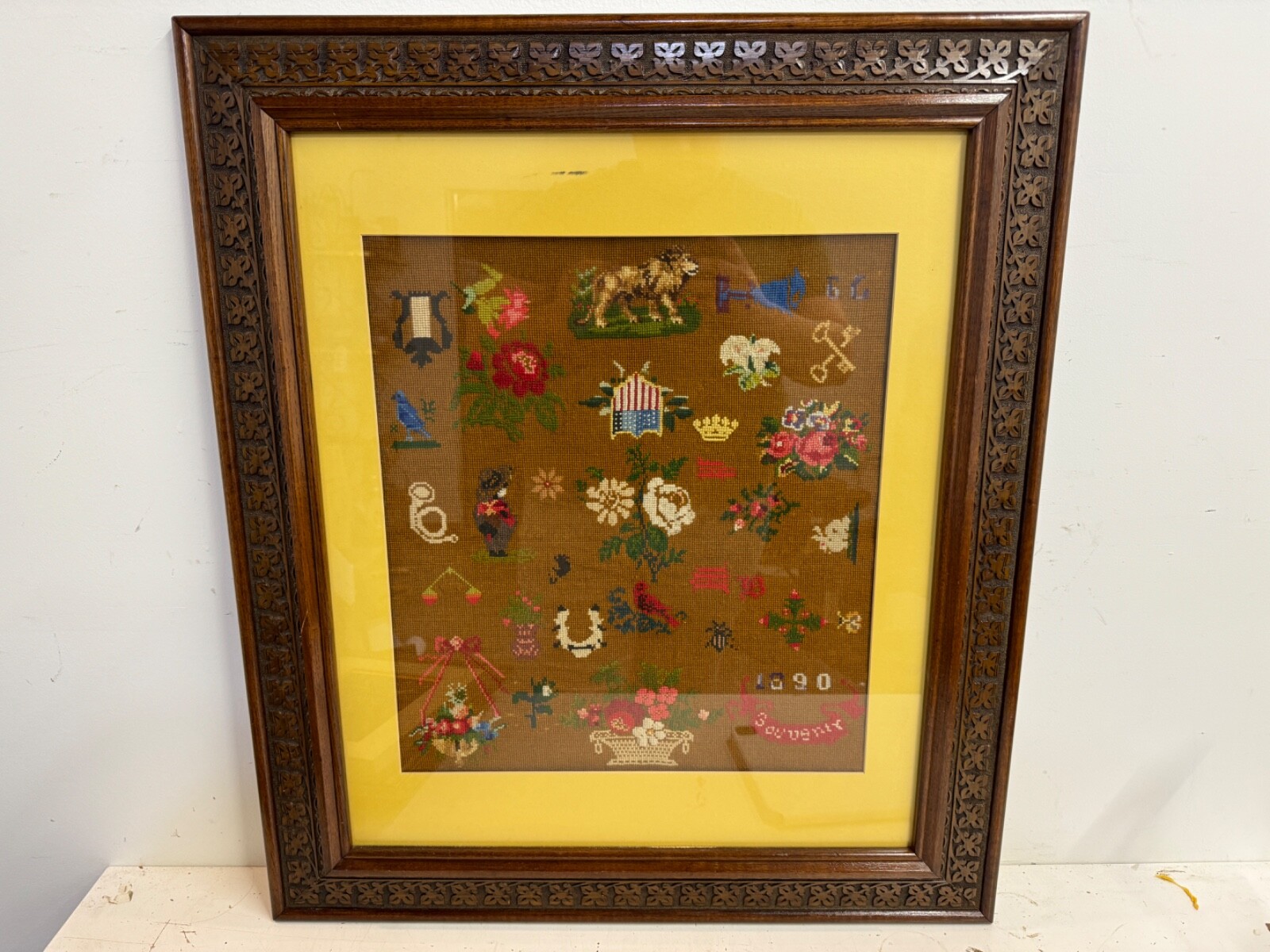 Antique United States Needlepoint Art w/ Floral and Animal Dec. Original Carved
