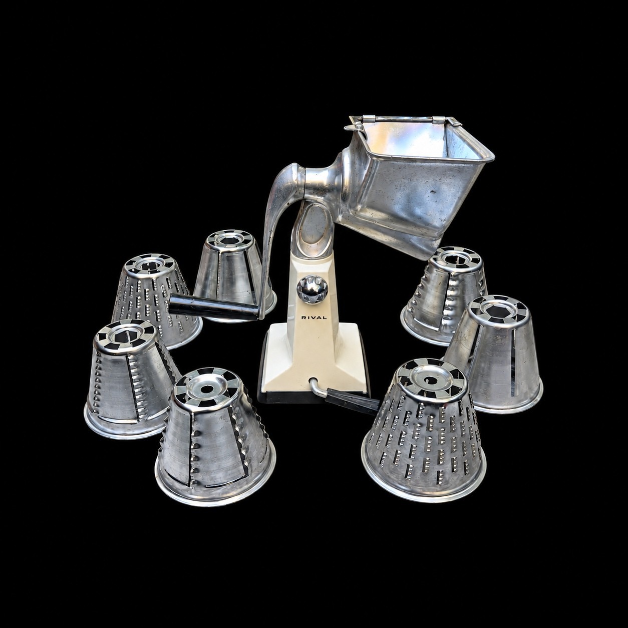 Vintage Rival Hand Crank Food Slicer Shredder Grater 7 Cones Cream Suction Base