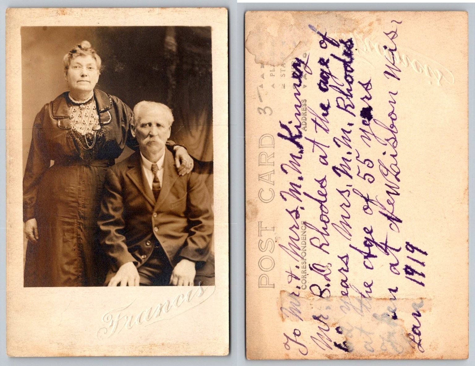 1919 RPPC New Lisbon WI Mr. & Mrs. Rhodes Portrait Postcard Francis Photo 1919 RPPC New Lisbon WI Mr. & Mrs. Rhodes Portrait Postcard Francis Photo
