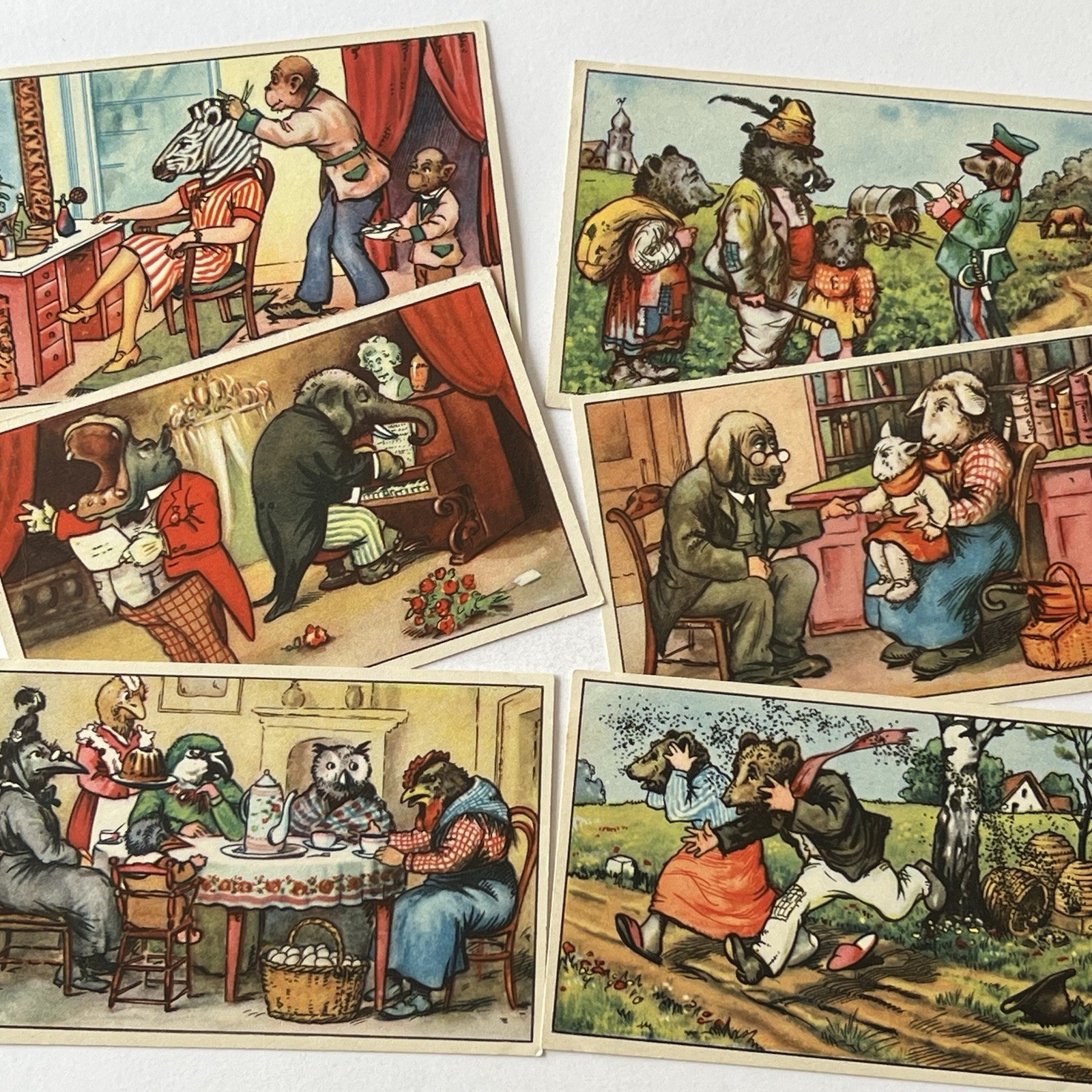 Antique Trade Card Lot Of 6 Anthropomorphic Animals Elephant Bird Bear Zebra