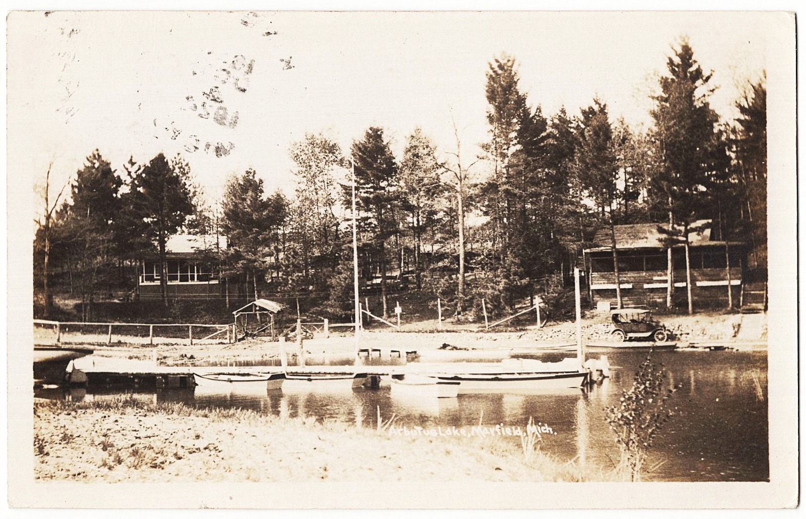 real photo Mayfield - Arbutus Lake boats car cottages antique postcard RPPC real photo Mayfield - Arbutus Lake boats car cottages antique postcard RPPC