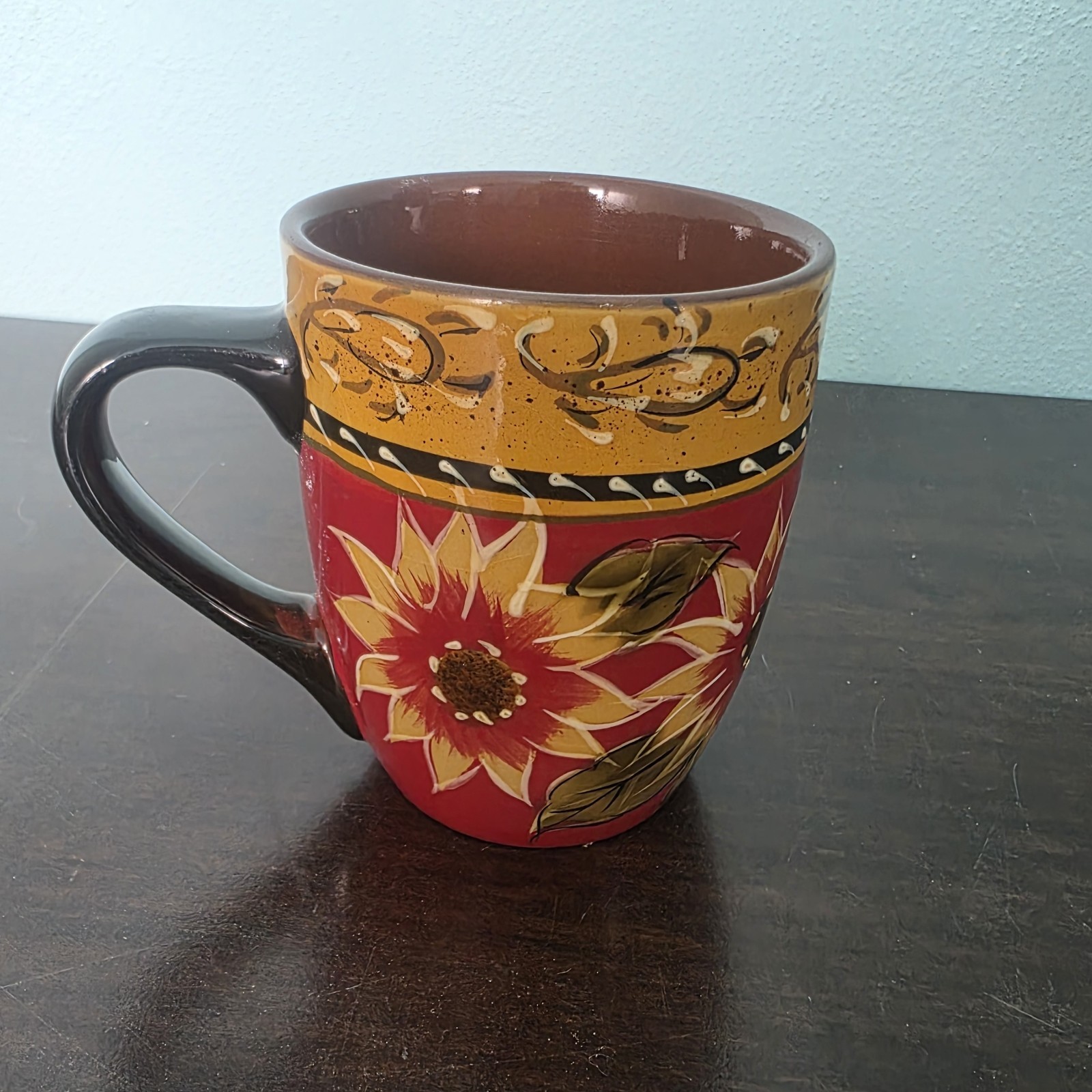 Pier 1 Imports Hand-Painted SUNFLOWER Coffee Tea Mug Cup Terracotta
