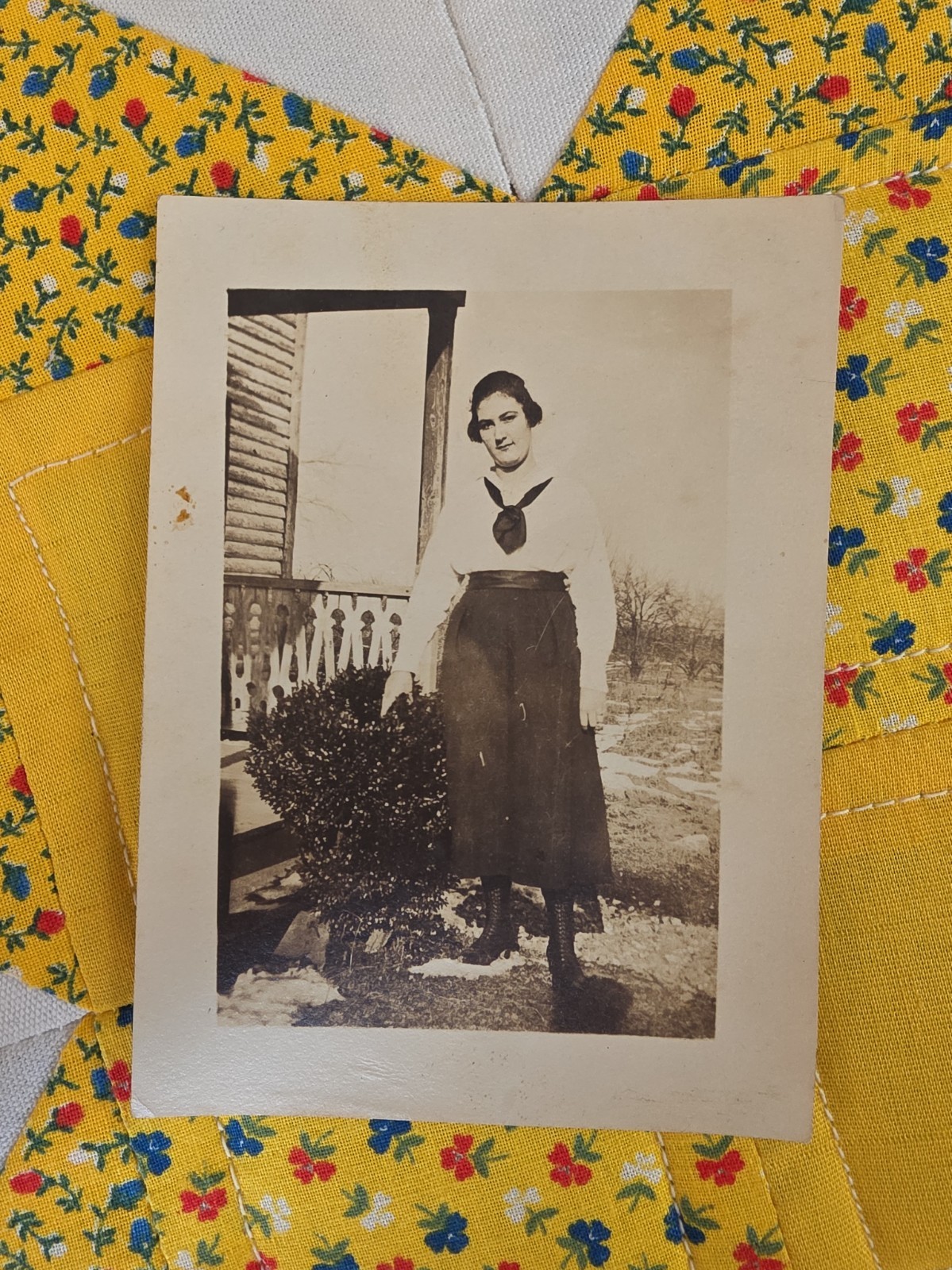 Vintage 1910s 1920s Snapshot Photo Woman Sailor Collar Blouse Fashion Porch