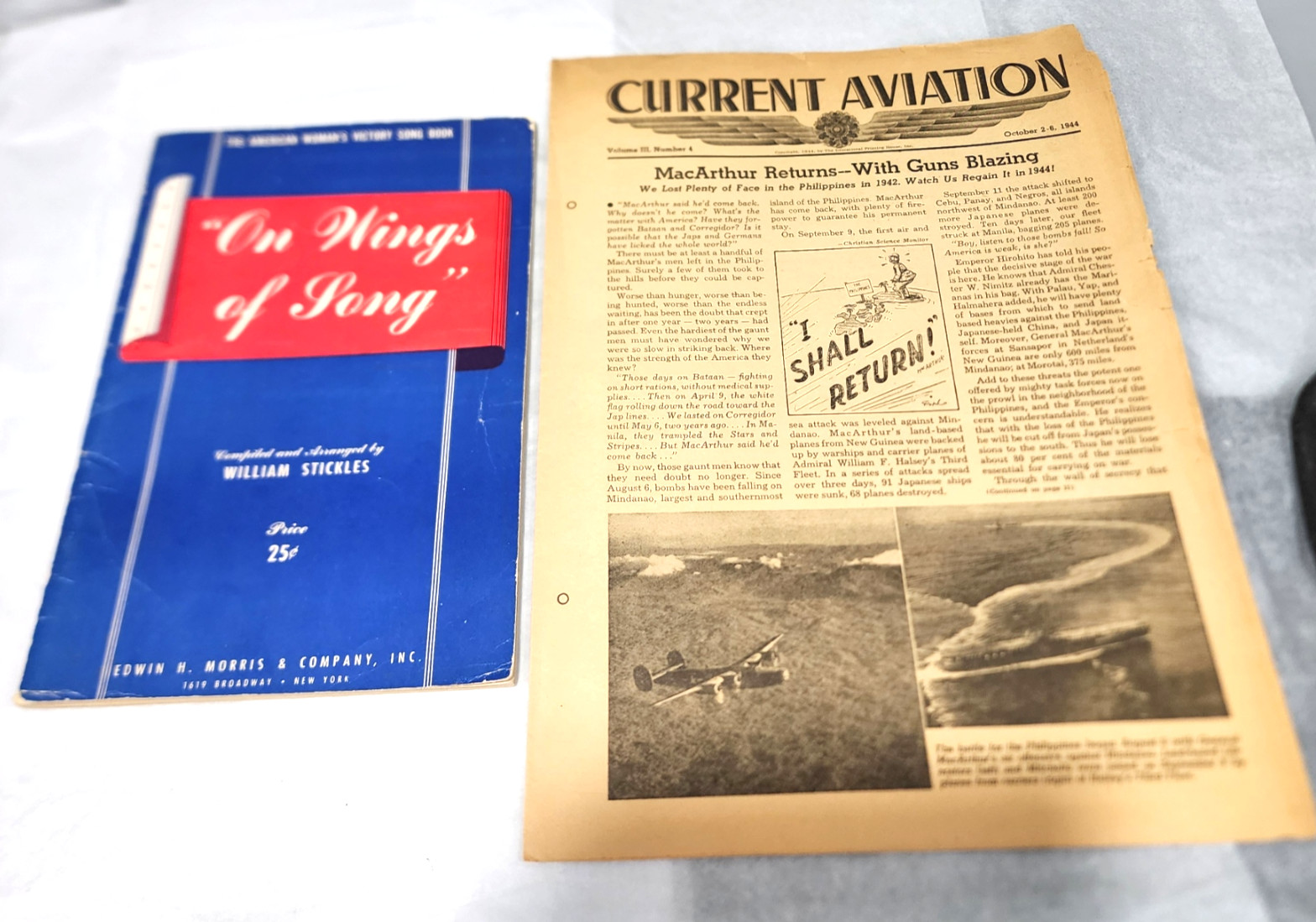 Vtg WWII Lot 1944 Current Aviation MacArthur Newspaper 1940s Victory Song Book