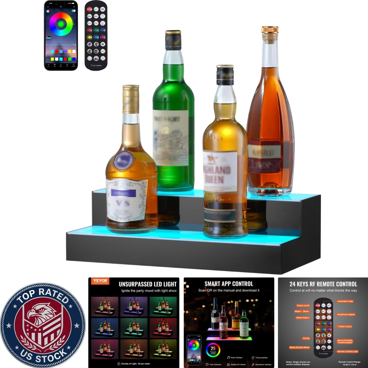 Elegant LED Lighted Liquor Bottle Display Shelf – 16 Inch Polished Acrylic Rack