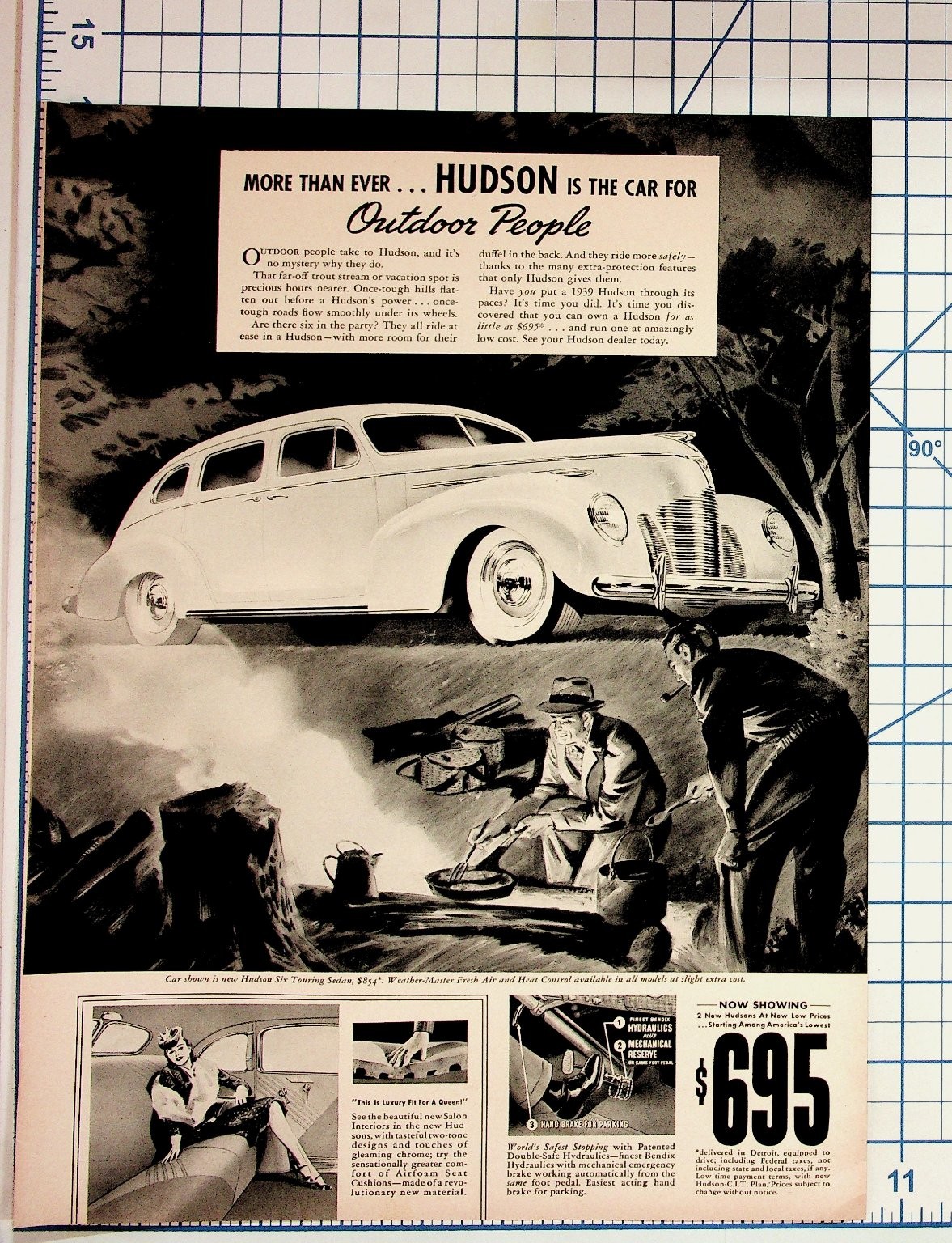 1939 Hudson Six Touring Sedan Vintage Car Ad Outdoor People Magazine Print