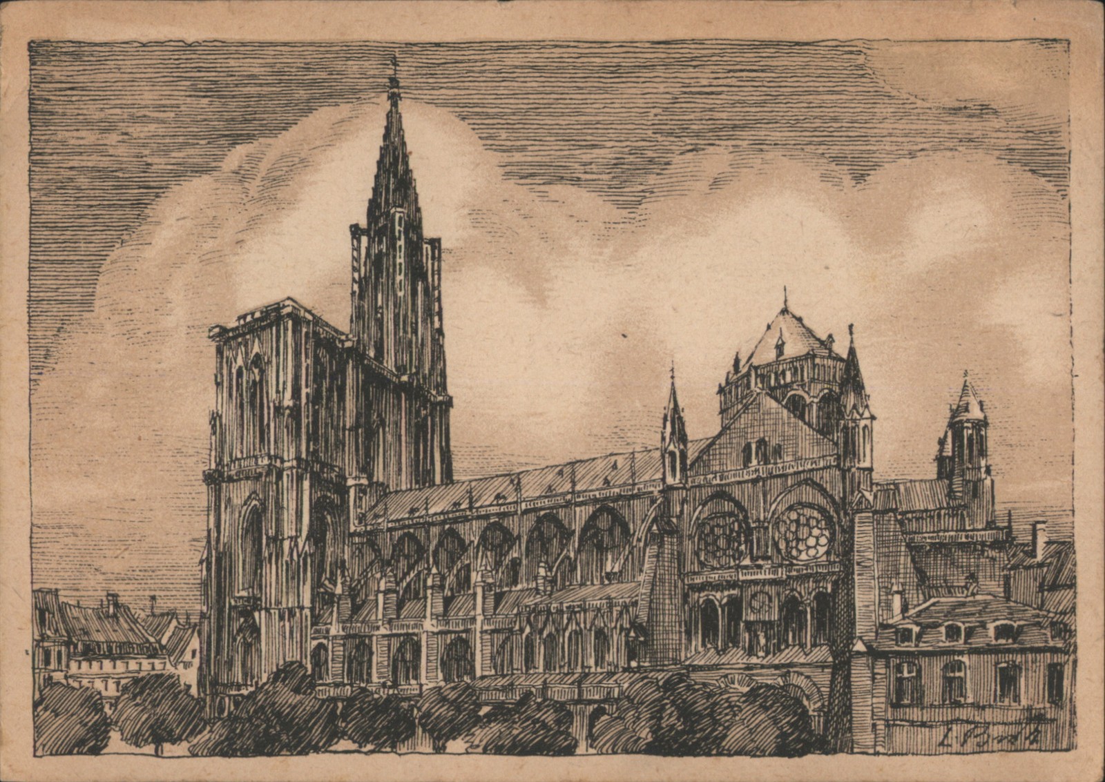 Strasbourg, France Cathedral South Side Engraving Original Vintage Postcard