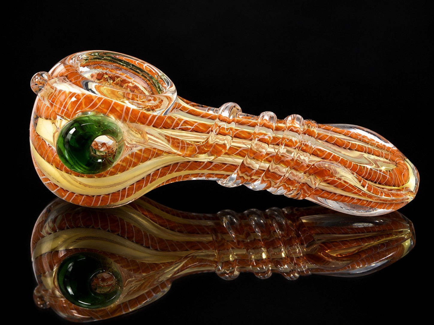 Orange Glass Tobacco Hand Pipe Flat Mouthpiece Green Grip Accents Textured