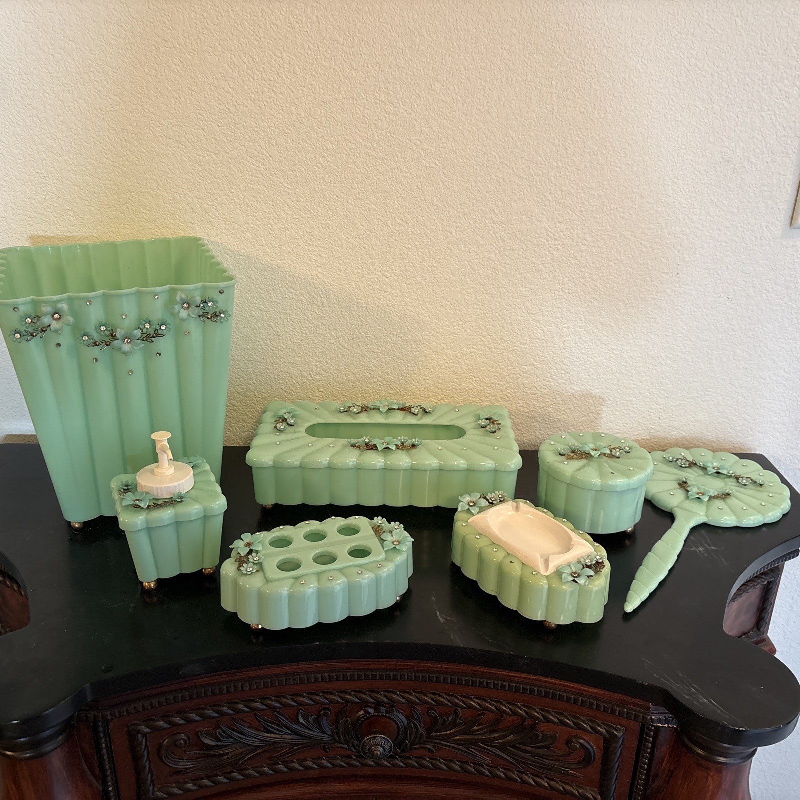 Vintage 1950\'s Menda Aqua Flower and Rhinestone Plastic Vanity Set 7 piece RARE