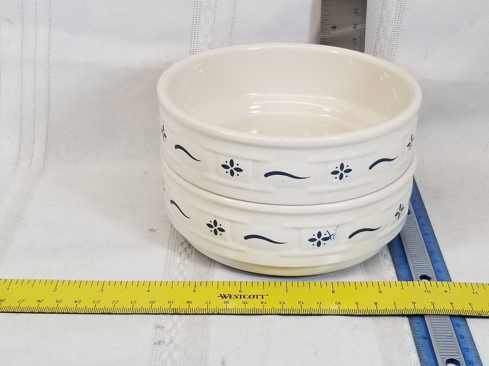 2 LONGABERGER BOWL Soup Cereal Woven Traditions Blue Stackable USA Pottery