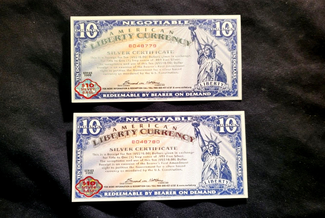 2 - 2003 NORFED $10 American Liberty Currency Silver Certificates, in sequence..