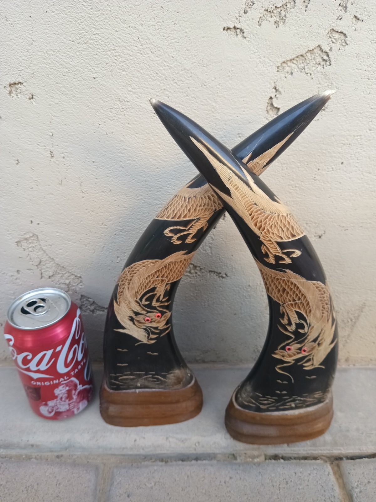 Vintage Asian Carved Water Buffalo Horn Pair Chinese Dragon Art 12