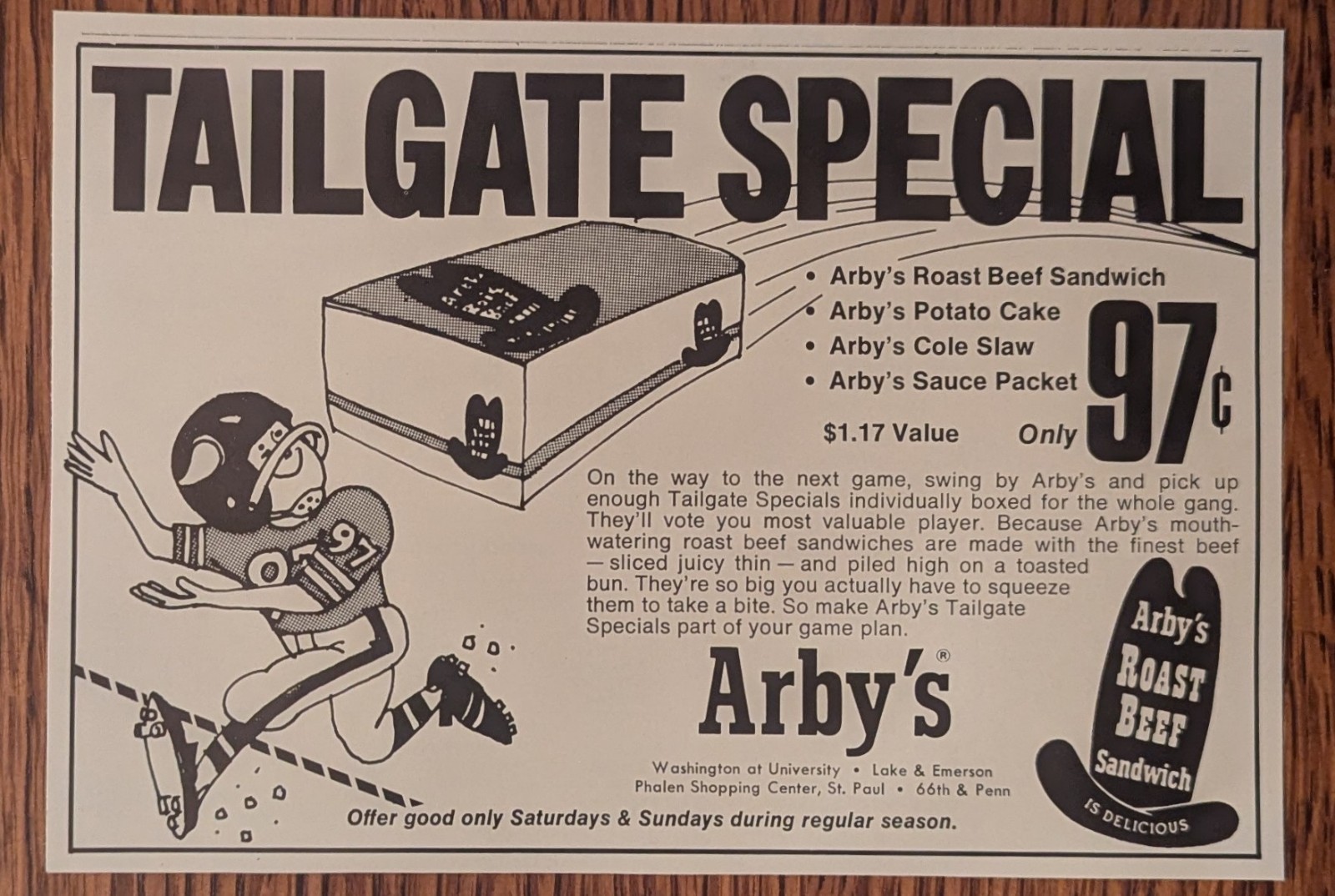 Arby\'s Roast Beef Sandwich Tailgate Special 1971 Vintage Food Print Ad
