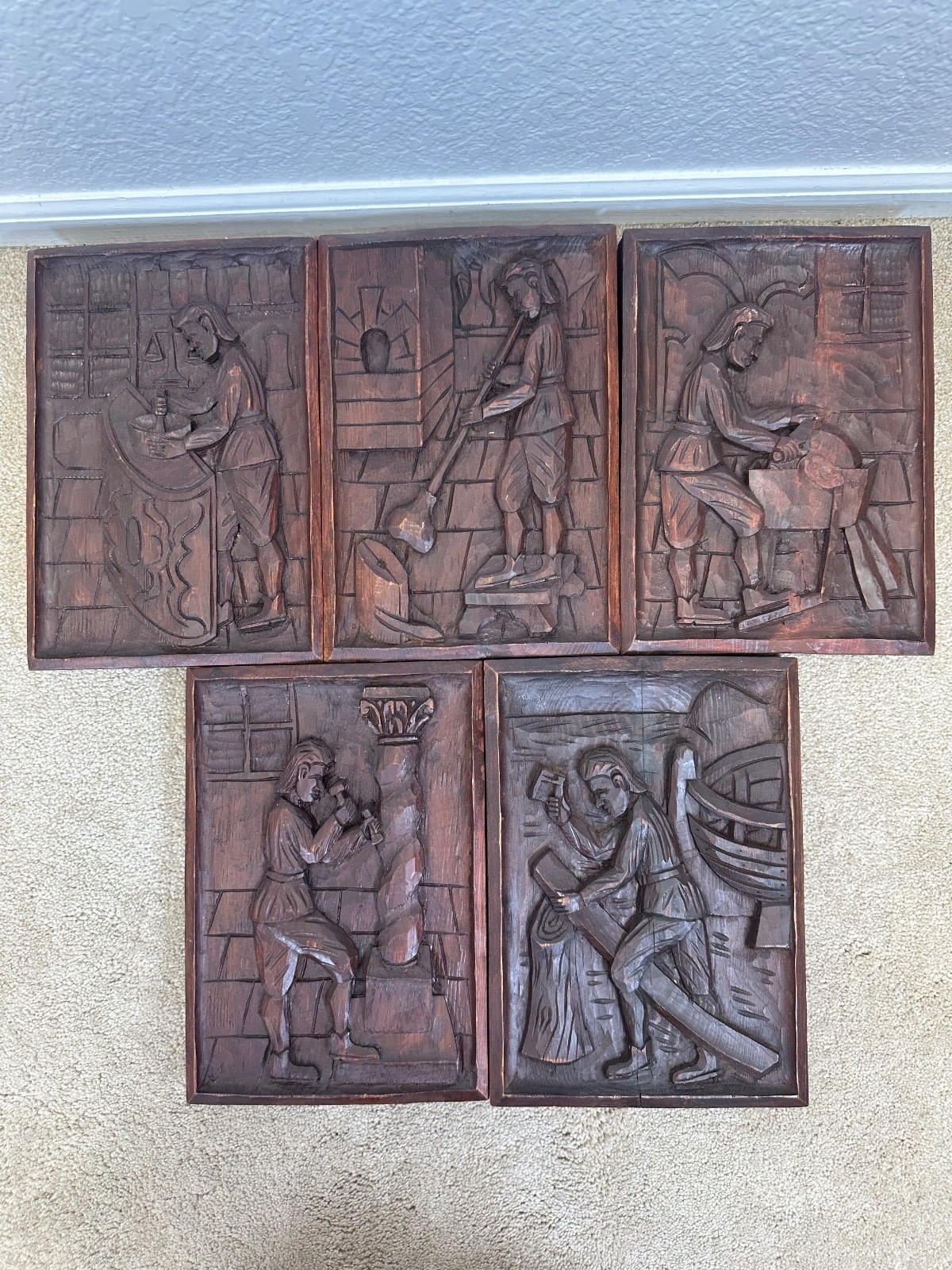 VTG Spanish Hand Carved Wood Medieval Trades Bas Relief Wall Plaques Set of 5