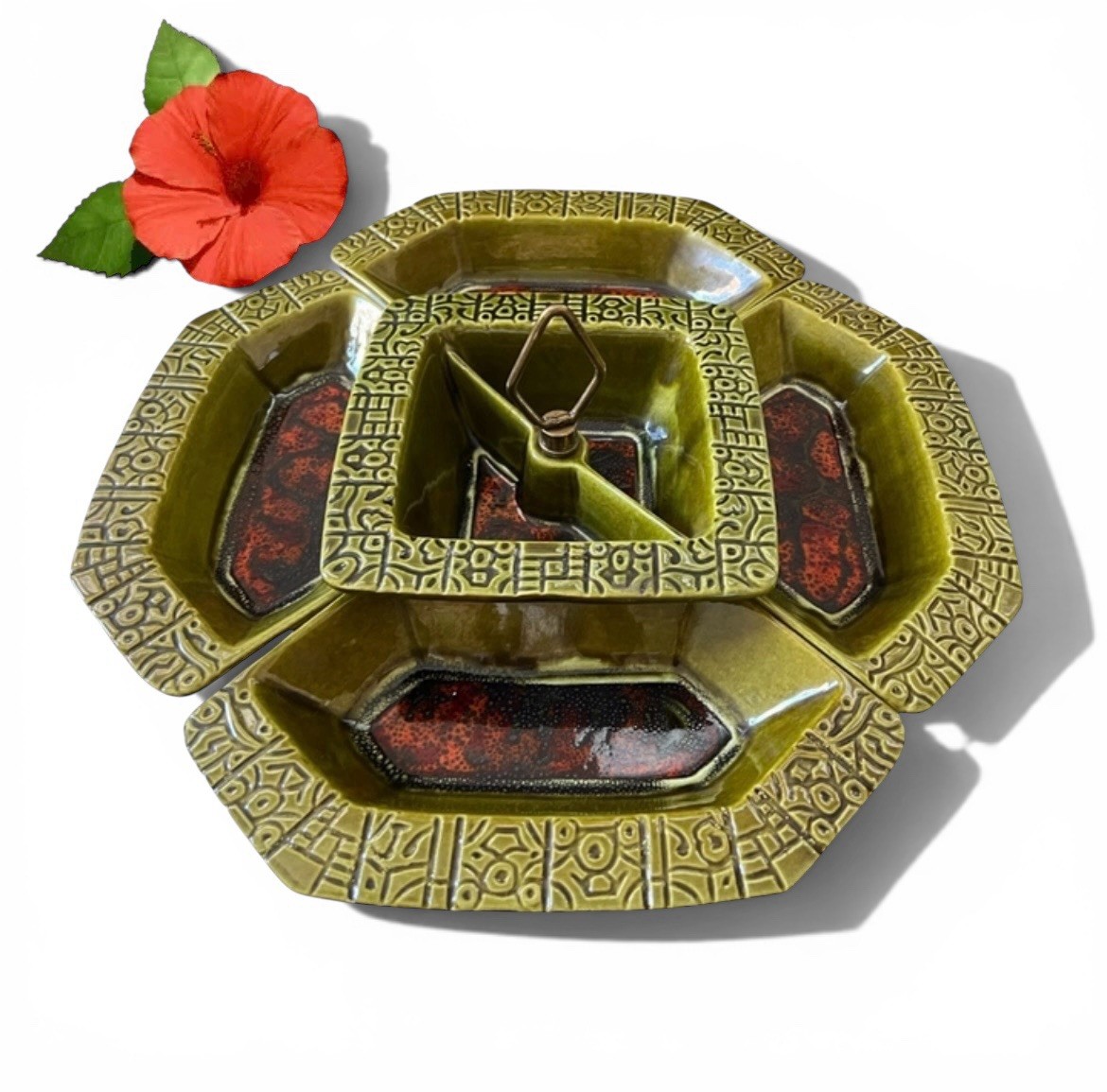 60’s Retro Tiki  5 Pcs Relish Set California MCM Polynesian Mayan Avocado Lava