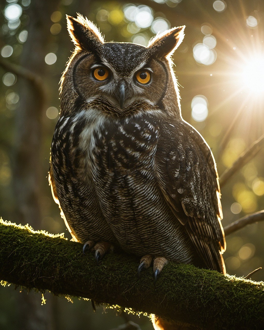 Majestic Great Horned Owl Forest Sunlight Nature Photo Art Print