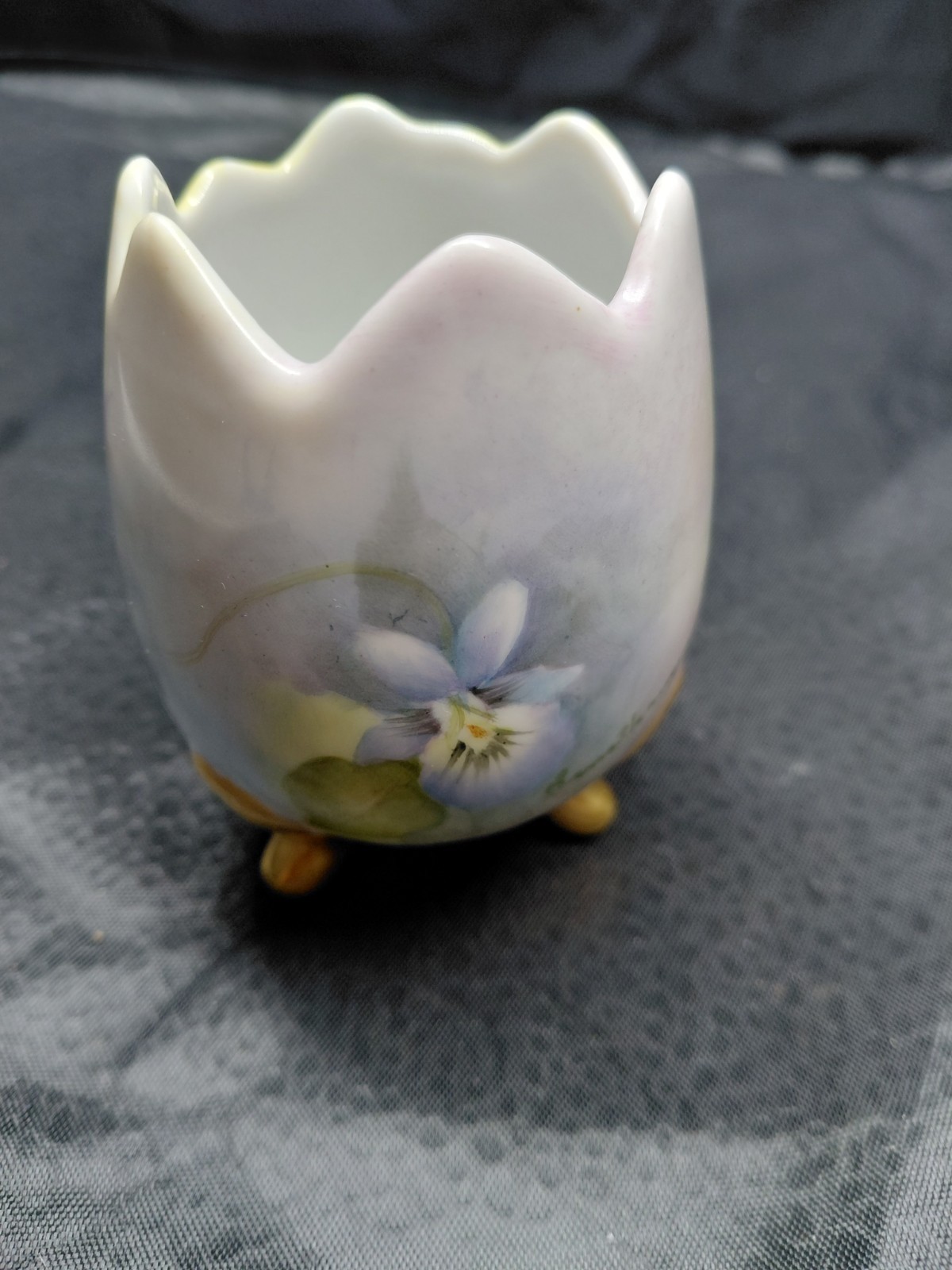 Vintage Tri-Footed Hand Painted Cracked Egg Vase  Pastel Floral Motif  Gold Trim