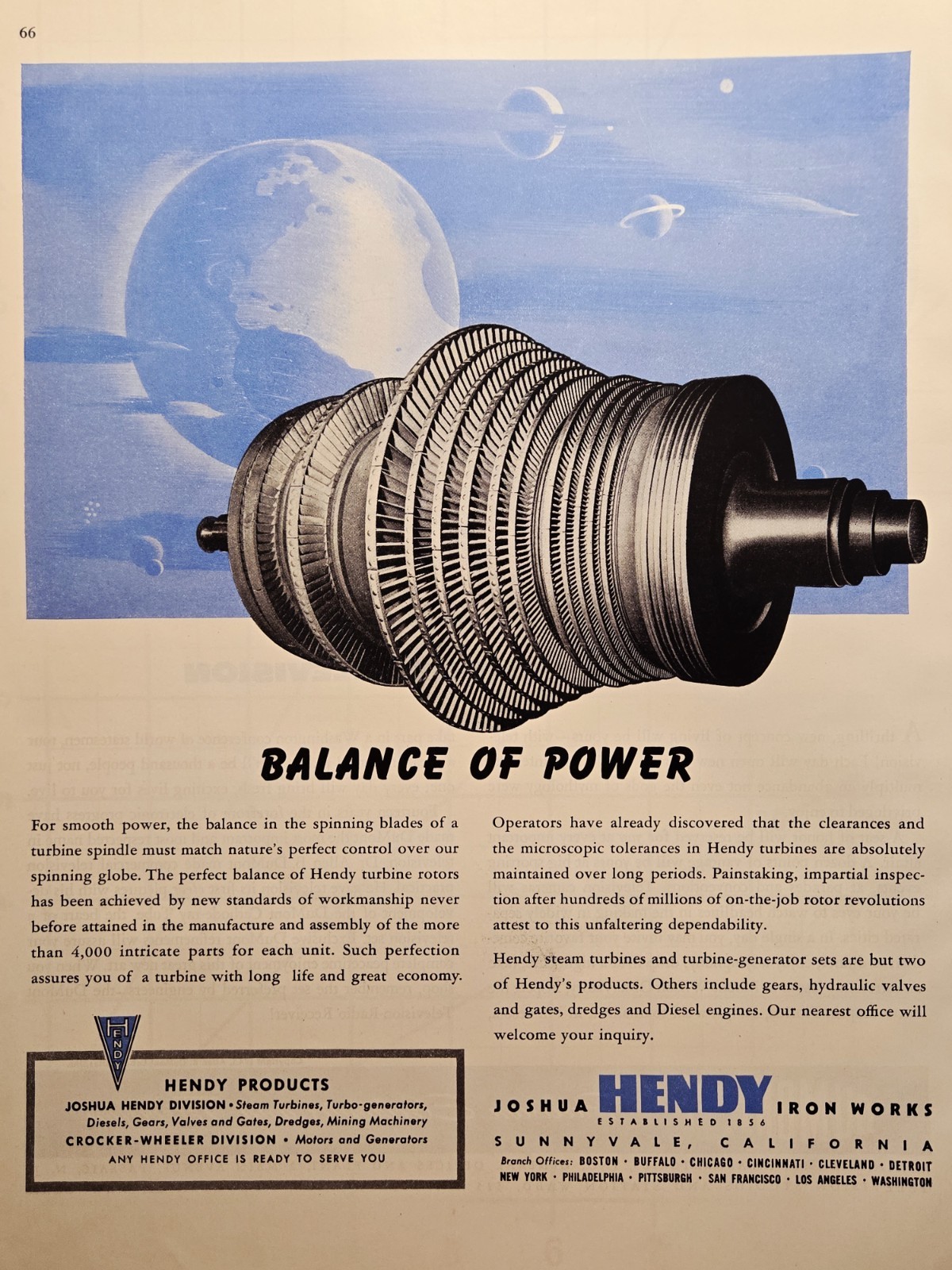 1945 Joshua Hendy Iron Works Sunnyvale CA Print Ad - Jet Turbine Rotors Planets